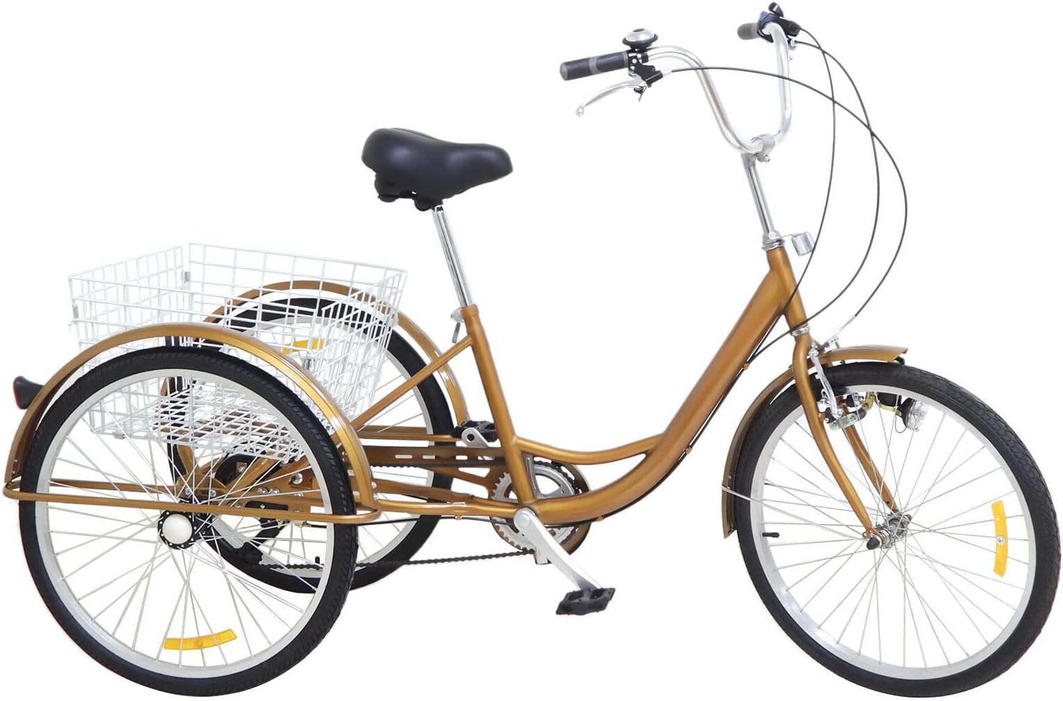 24'' 6 Speed Adult Tricycle, Gold Adult Tricycle, 3 Wheel Trike Cruiser Bike, Bicycle Seniors Shopping Trike with Shopping Basket