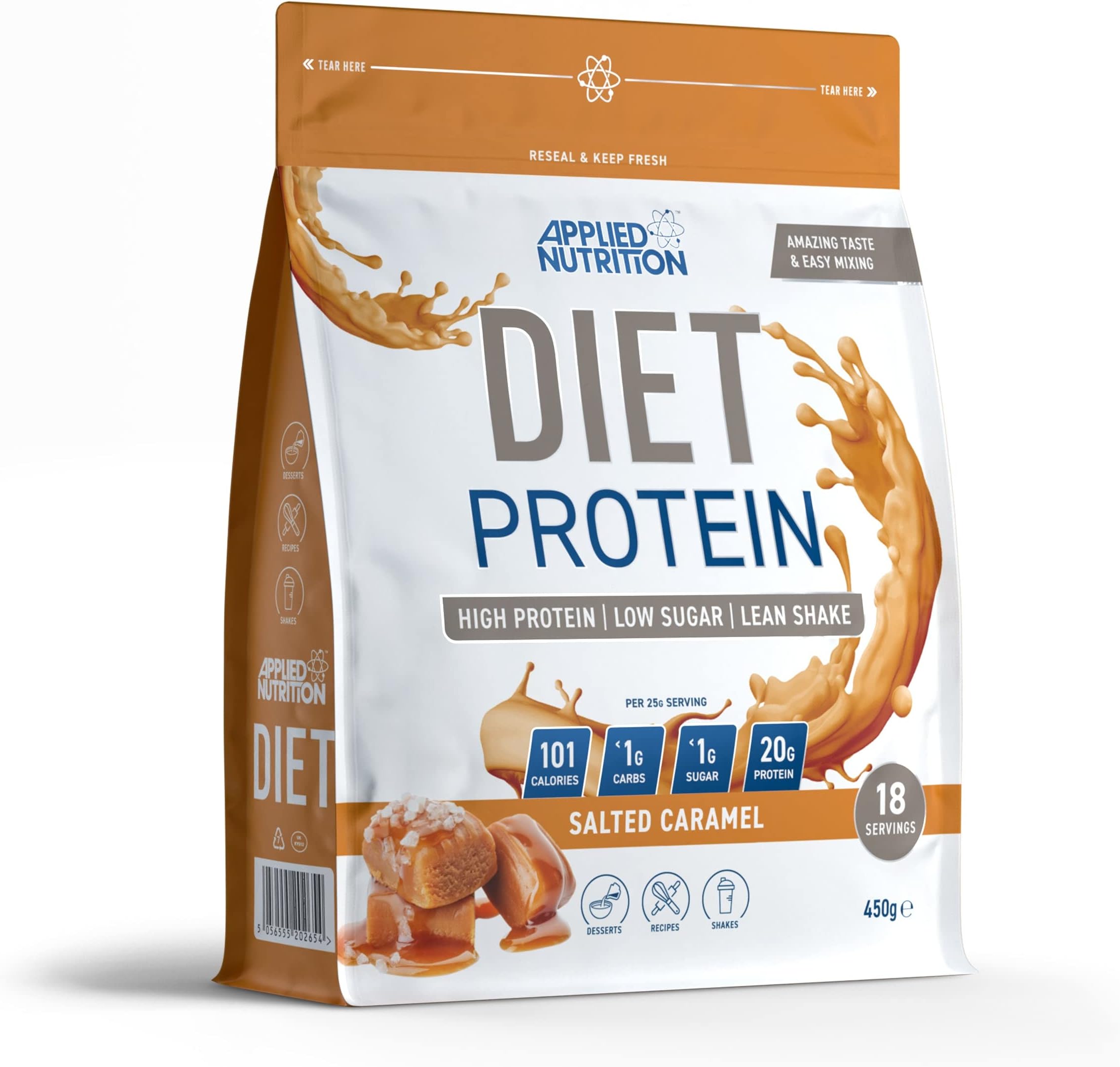 Diet Whey - High Protein Powder Supplement, Low Carb & Sugar, for Weight Management with CLA, L Carnitine, Green Tea (450g - 18 Servings) (Salted Caramel)