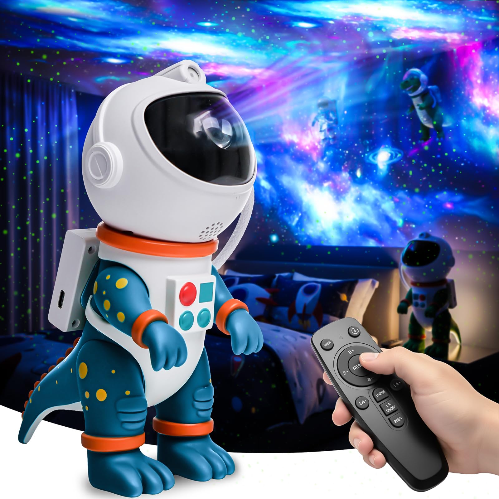 ZONSUSE Projecteur Ciel Etoile Dinosaure Astronaute, Veilleuse Galaxy avec 8 Modes, Rotation 360°, Télécommande & Minuteur, Lampe Ambiance Chambre pour Enfants, Adultes, Fêtes & Cadeaux (Bleu)