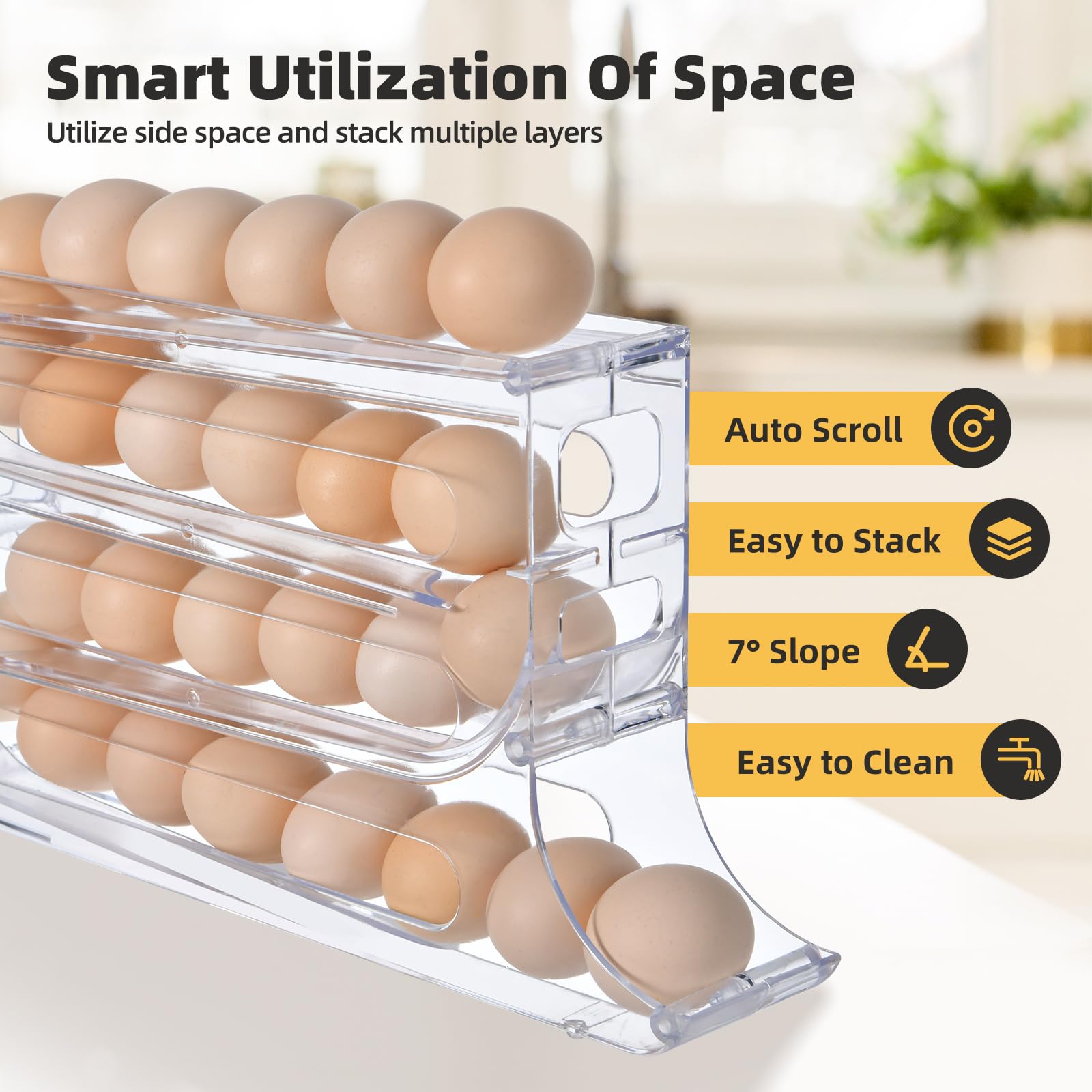 Soporte para huevos de 4 niveles para nevera, soporte para huevos de desplazamiento automático, organizador de huevos de gran capacidad, almacenamiento de 30 huevos para nevera, transparente