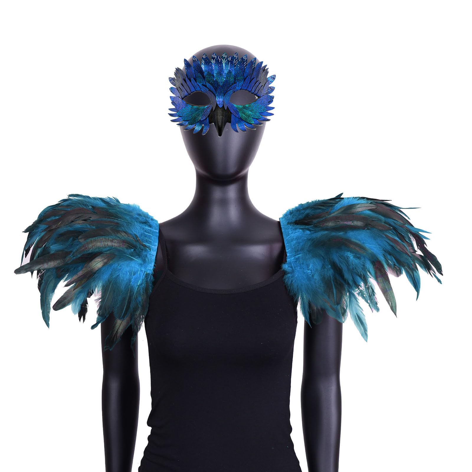 Gothic Crow Owl Mask with Shoulder Feather Shawl,Halloween Bird Raven Feathers Costume for Party,Christmas,Masquerad (Blue)