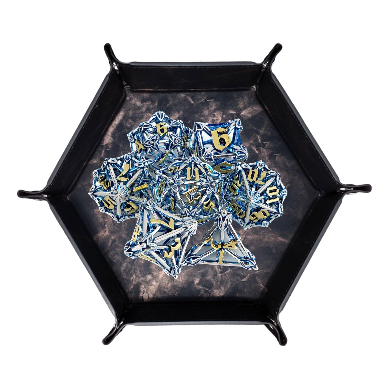 Lot de 7 Dés en Métal Argentés et Bleus à Motifs de Feuilles et de Fleurs, Polyèdres Creux, Compatibles avec Les Jeux de Rôle Les Jeux de Société et Les Jeux de Cartes