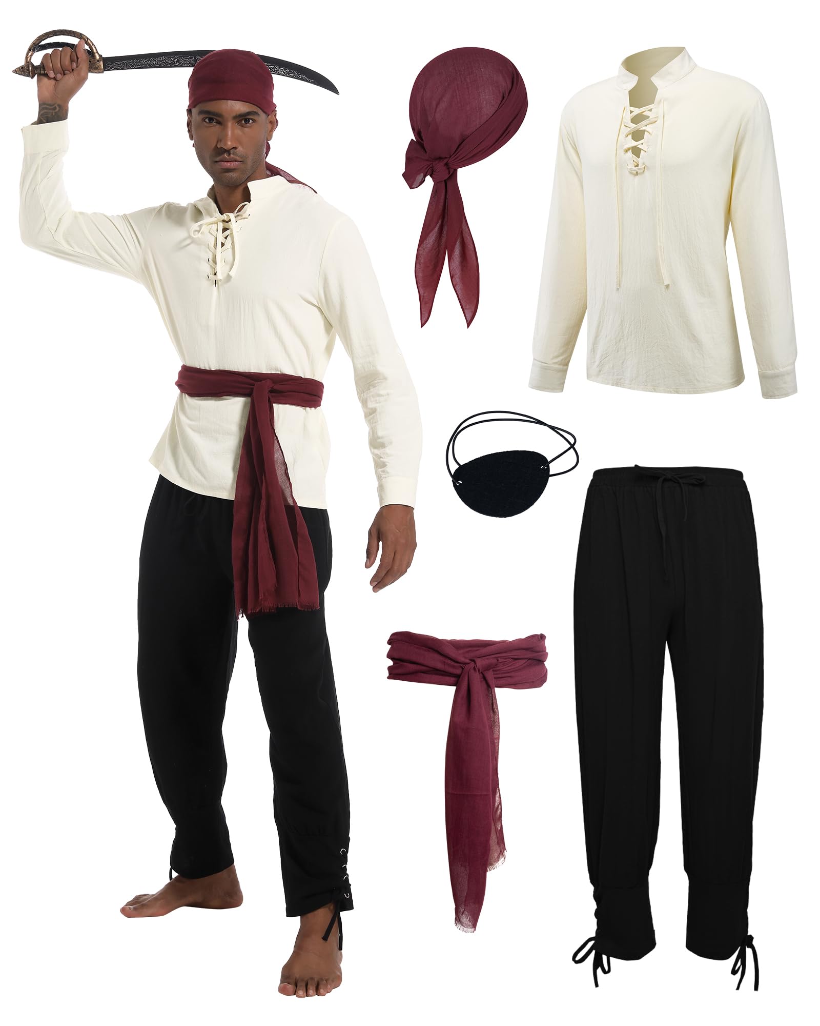 QEKFDOV 5 Pcs Pirate Costume Accessories Set,Men Medieval Pirate Costume with Bandana Waist Belt Eye Patch for Halloween Captain Carnival. (2XL)