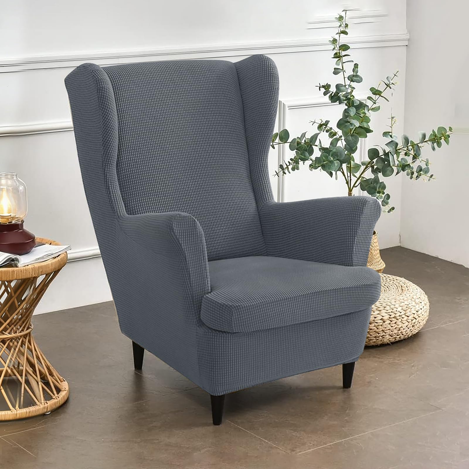 Bocguy Wingback Chair Covers – 2-Piece Stretch Wing Chair Cushion Sofa Slipcover, Removable Velvet Wing Back Armchair Furniture Protector for Living Room, Bedroom, and Hotel