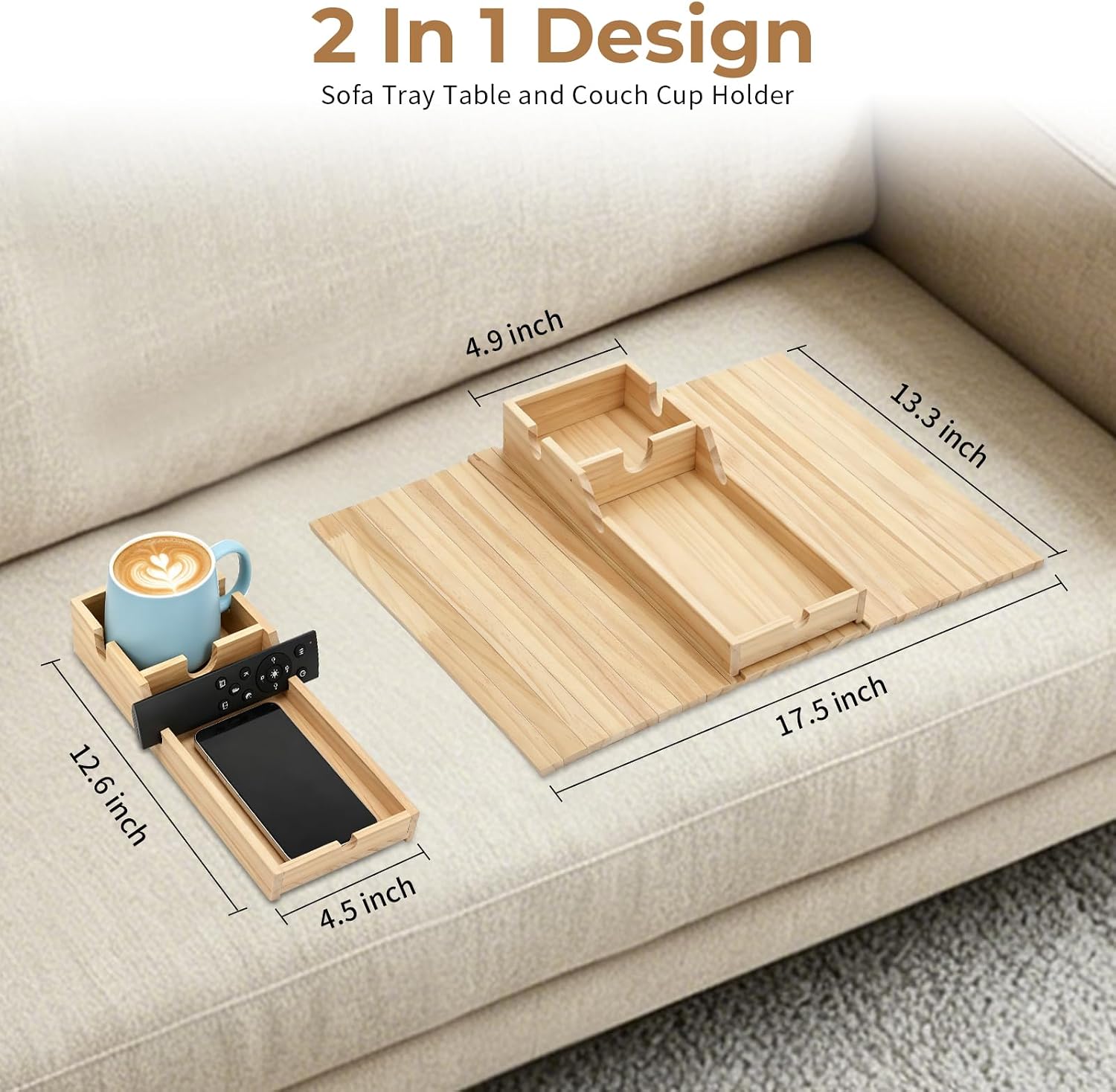 Bamboo Wood Sofa Armrest Tray, Couch Arm Tray with Detachable Couch Cup Holder, 2 in 1 Anti-Slip Foldable Sofa Armchair Caddy Table for Tea TV Remote Cellphone Snacks