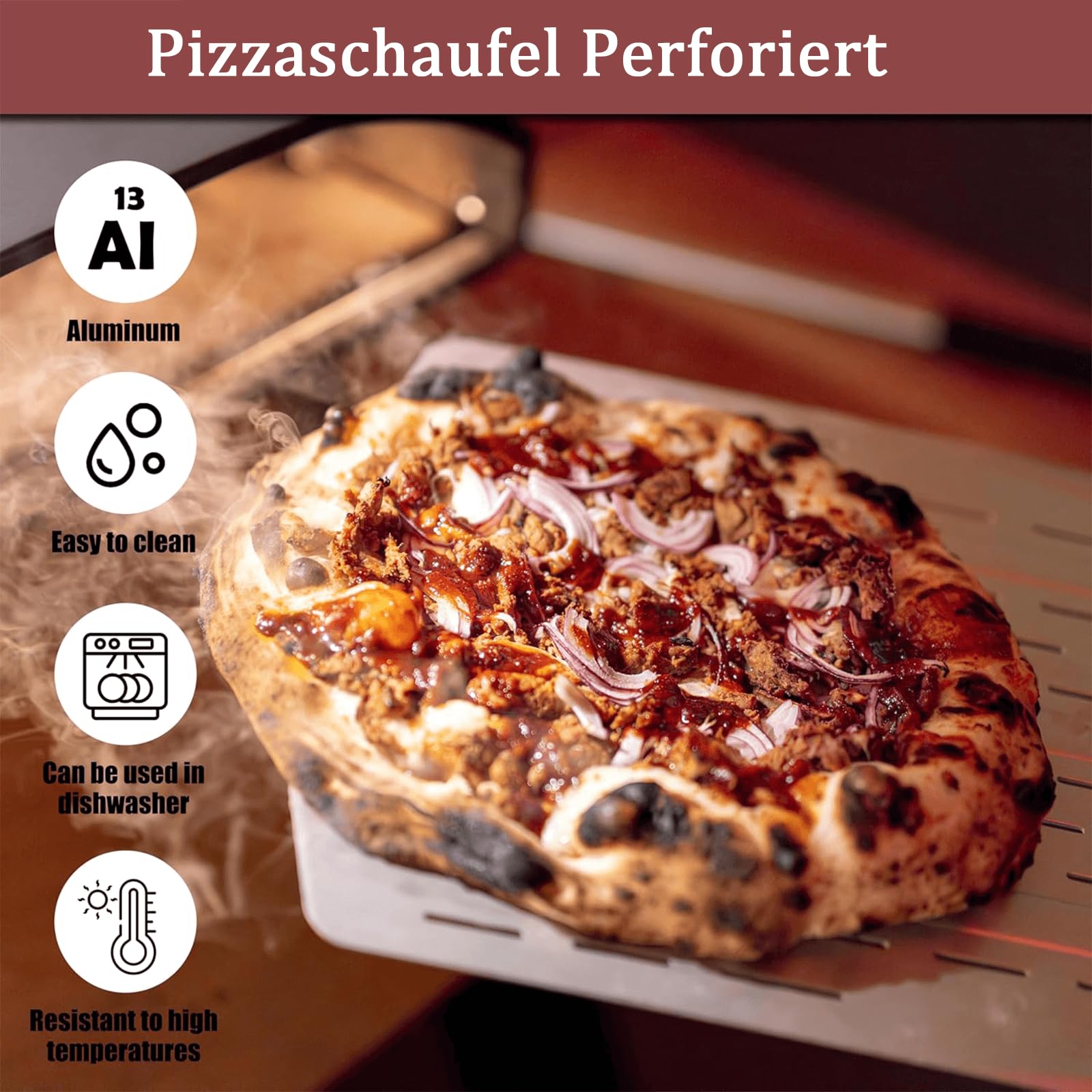 Pizzaschaufel Perforiert, Pizzaschieber 40 * 30 cm 12 Zoll, Pizza Schieber Aluminiumlegierung Pizzaschaufel, Profi Pizza peel mit Großer Fläche & Abnehmbaren Griff (Silbrig)