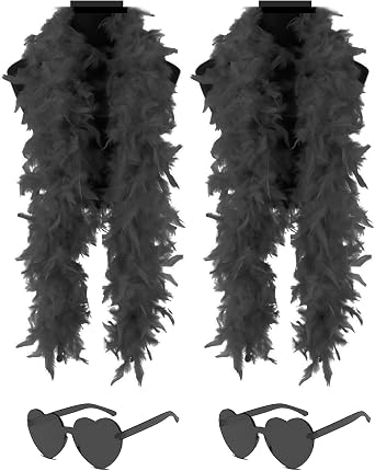 2 Pcs Feather Boas with Heart Rimless Sunglasses,4 ft Feather Boa Halloween Christmas Bachelor Party Pack Accessory