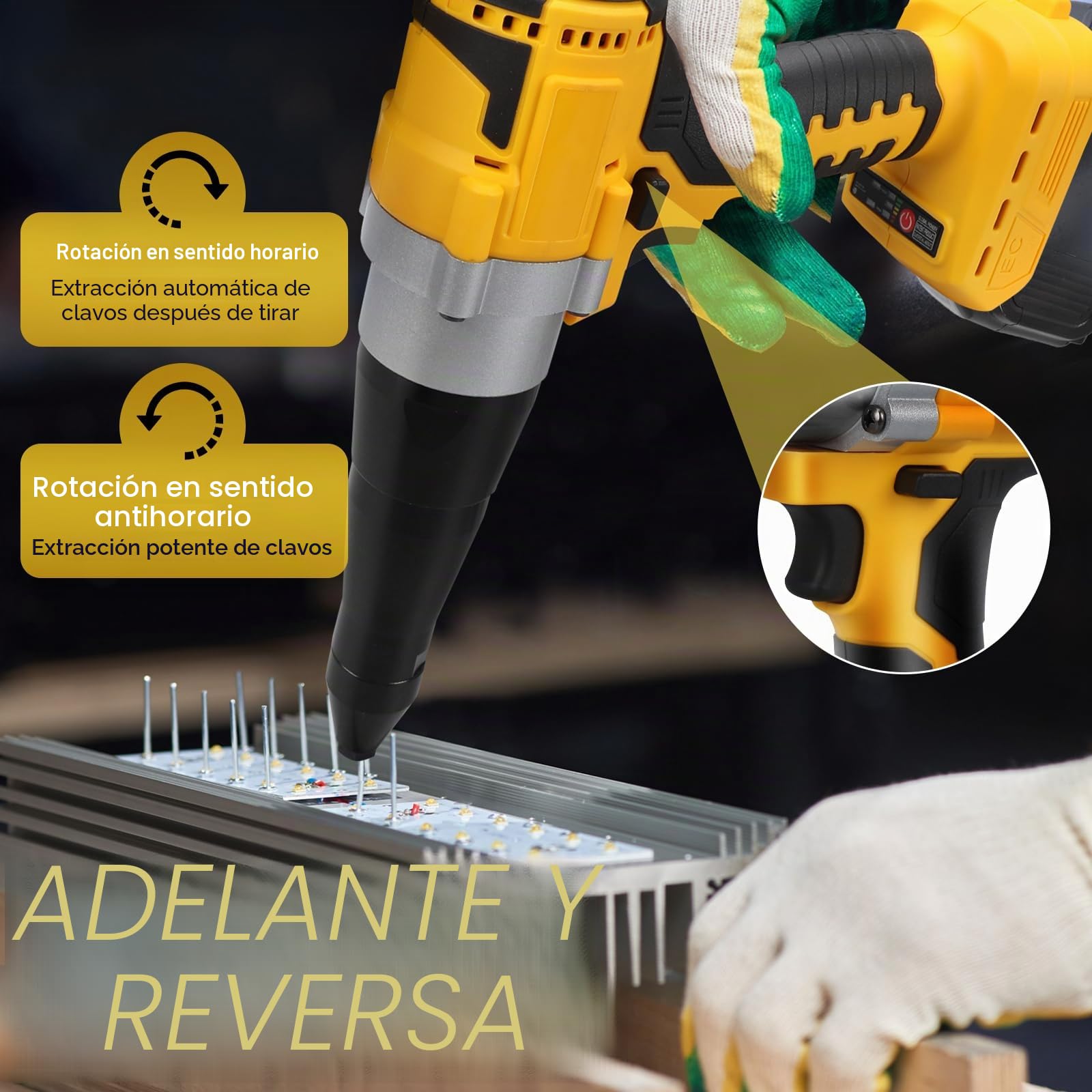 Remachadora Inalámbrica con 20 Remaches para Dewalt 20V (sin batería) | Pistola Remachadora Profesional, sin Escobillas, Luz LED, 3 Adaptadores y Llave, para Metal, Plástico y Cuero