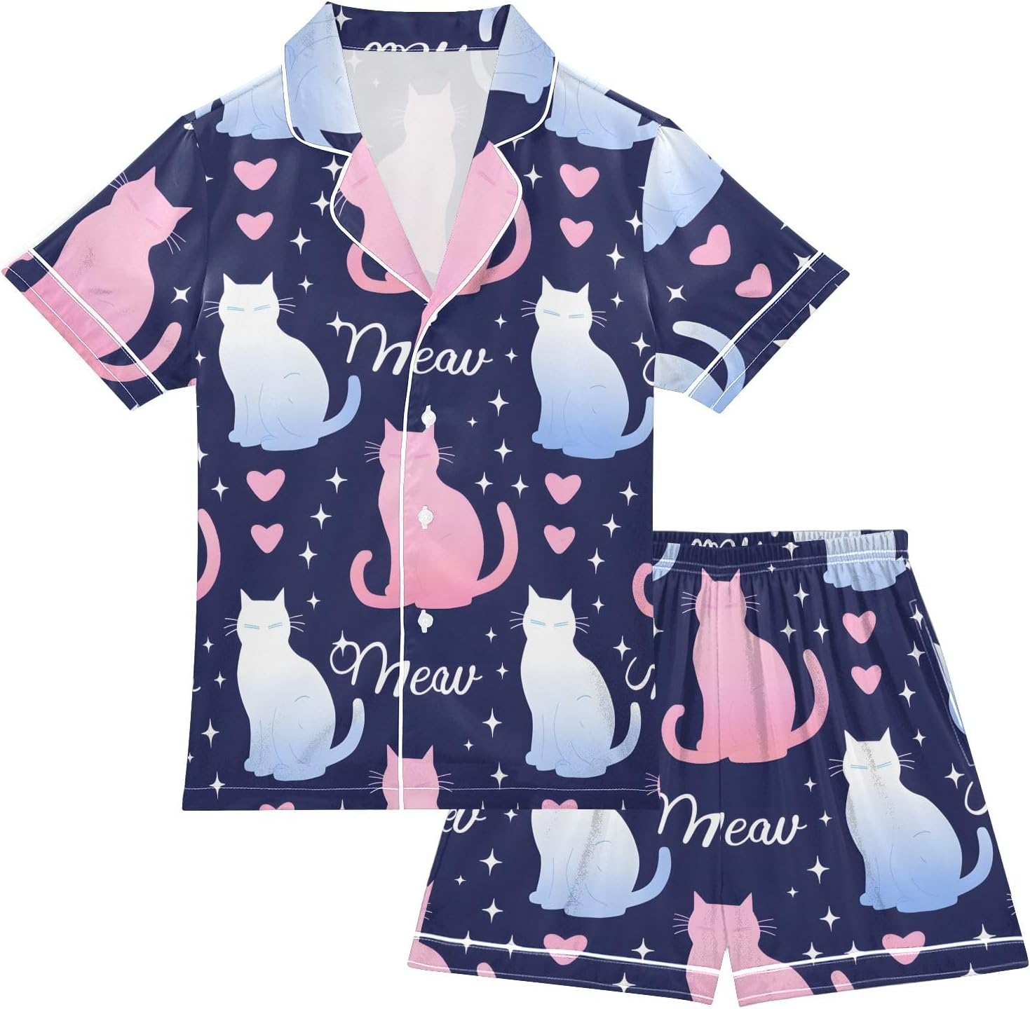Kids Satin Wear Set Pink Blue and White Cats Meow Stars Pattern Relaxed Fit Clothing Short Sleeve and Shorts