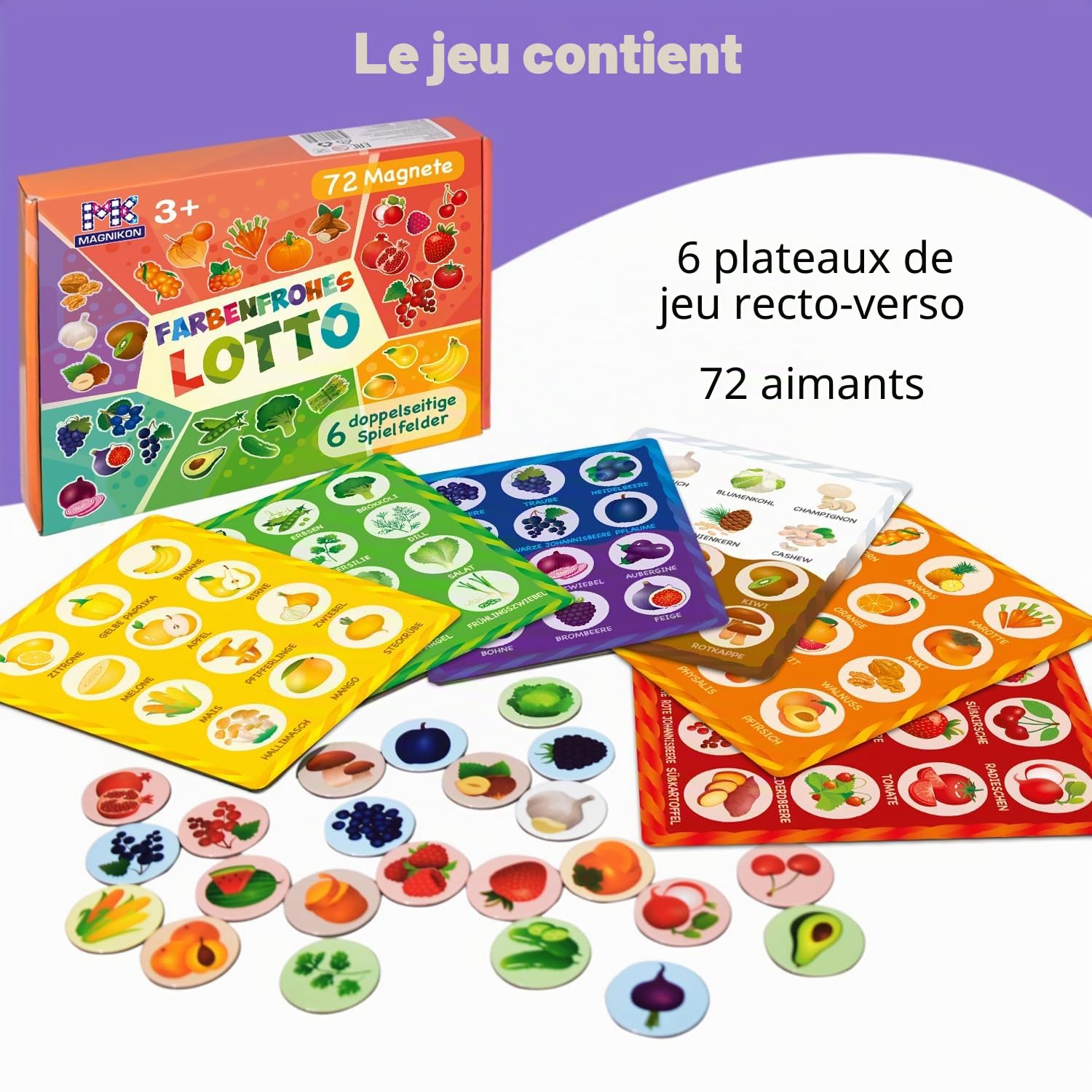MAGNIKON Jeu de bingo pour enfants à partir de 3 ans, apprendre les couleurs, jeu de mémoire de loto, 72 aimants, 6 terrains de jeu double face, loto d'images, fruits et légumes, jeu éducatif à partir