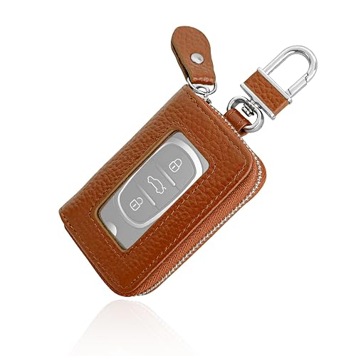 YUPIKJI Car Key Fob Cover, Car Key Holder Case, Genuine Leather Remote Key Fob Holder, Keychain Protector for Men Women (Light Brown)