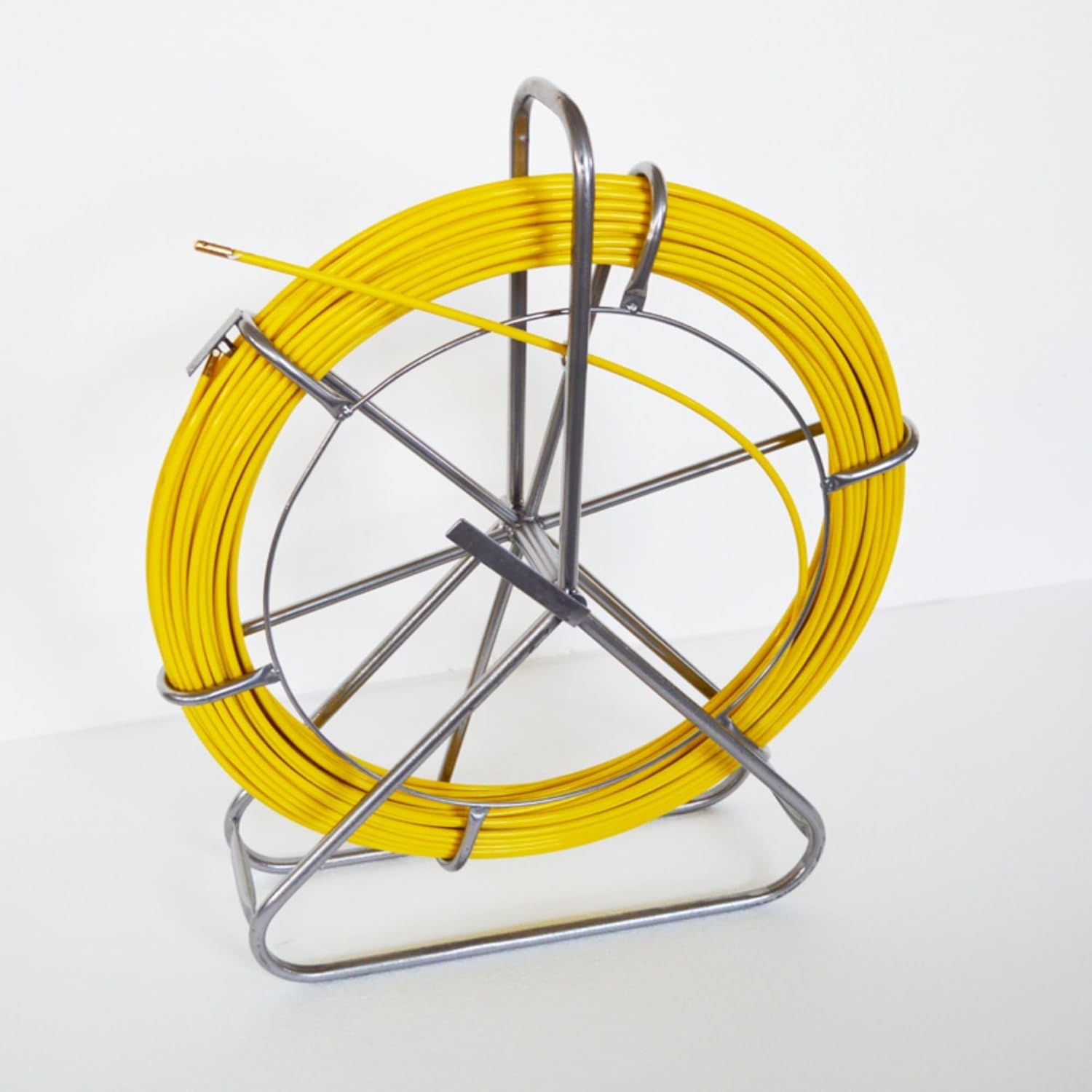 Fish Tape Fiberglass 328FT (Dia1/3"(8mm)), Cable Running Duct Rodder Electrical FishTape, Through Wall Cable Guide Device, W/Solid Steel Reel Stand, Metal Traction Head