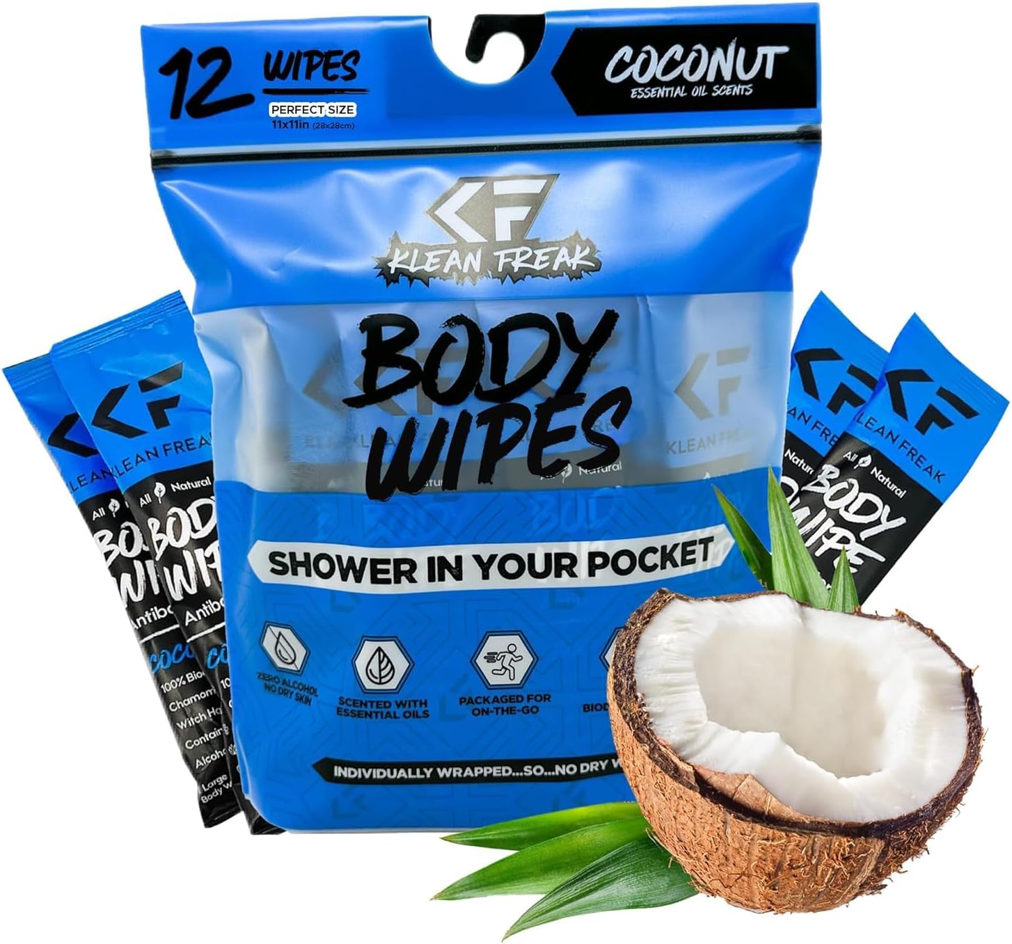 The Klean Freak Body Wipes - 12 count Individually Wrapped | Showerless Body Wipe for Women & Men | Sustainable Bodywipes for Gym, Travel, Camping | Coconut