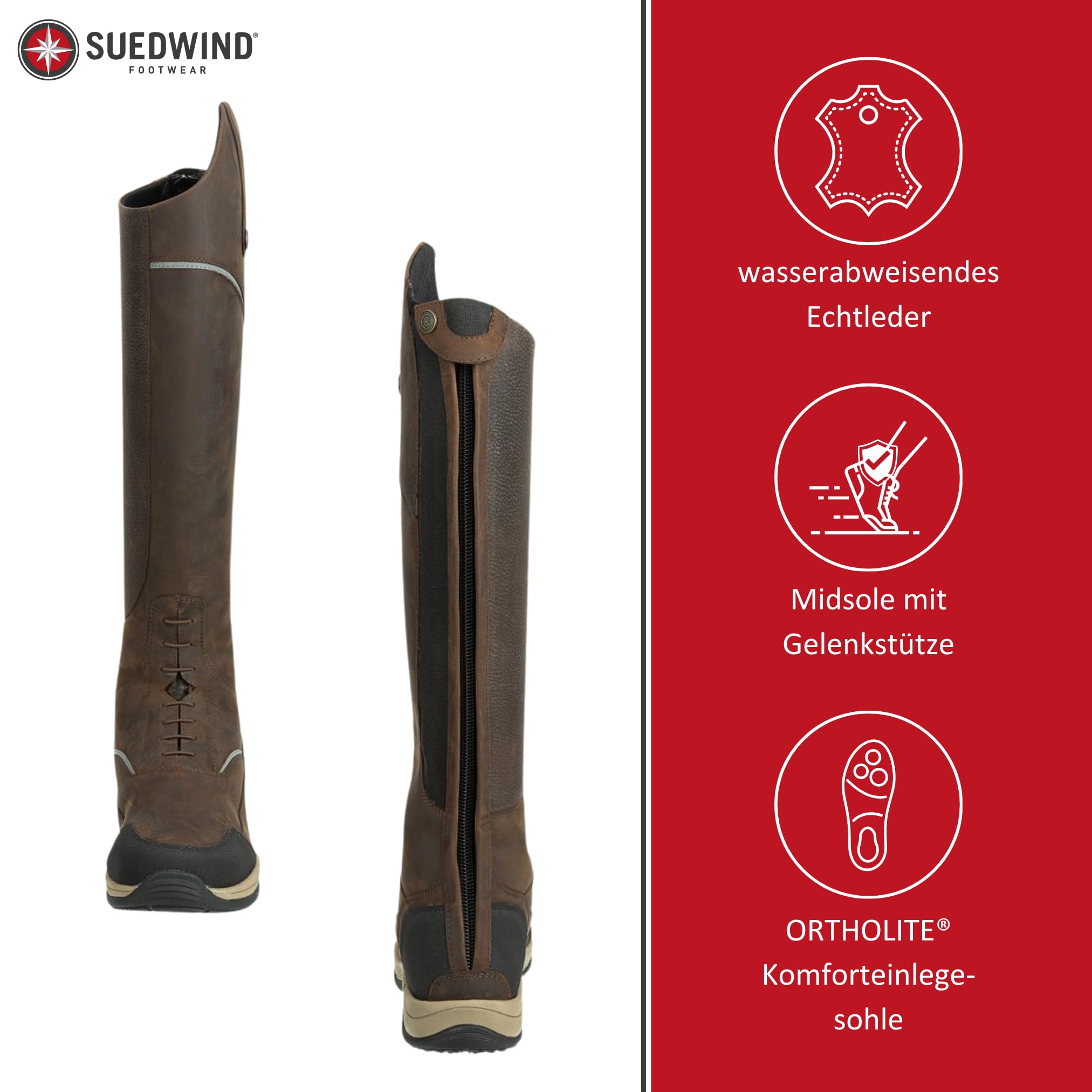 SUEDWIND FOOTWEAR Damen Reitstiefel Field Tall GripFTX – Leder Stiefel für Stall & Ausritt – Allwetter – Schnürung, Micro-Dry-Futter, Zipper, GripFTX-Sohle – chocolate – Gr. 37 – 42
