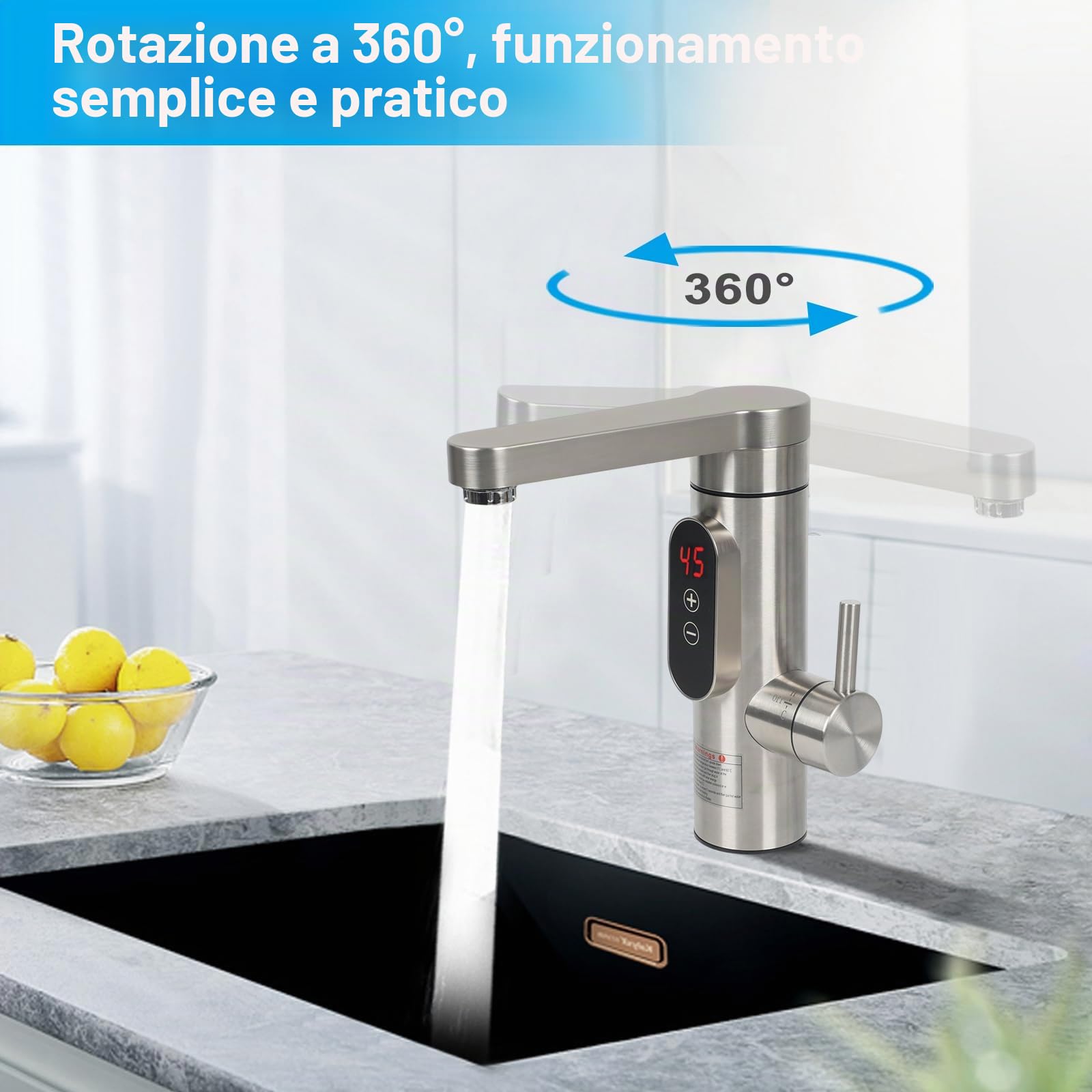Rubinetto elettrico con scaldabagno, temperatura regolabile da 30 a 55 °C, 230 V, in acciaio inox, per cucina