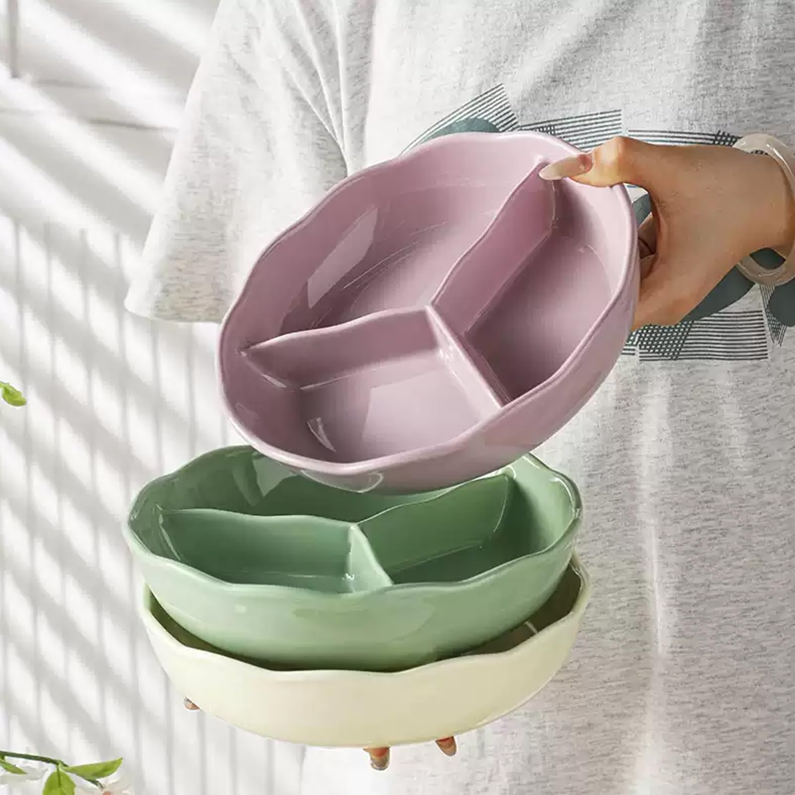 Assiette divisée beige pour adultes – Plateau de service réutilisable en céramique avec 3 compartiments de 20,3 cm, passe au micro-ondes et au lave-vaisselle