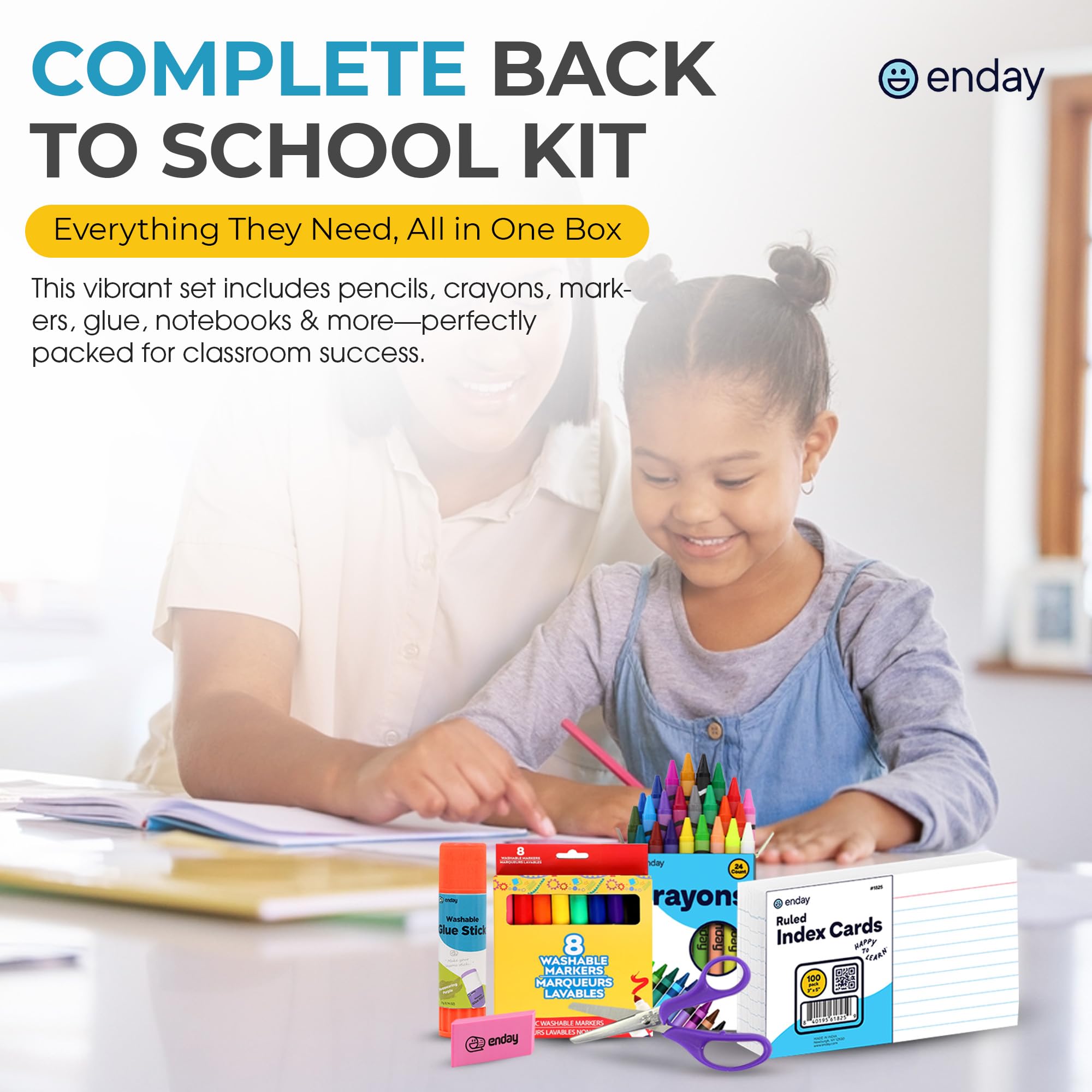 Kit de fournitures scolaires de 2e et 3e classe Enday - Kit de rentrée scolaire de 74 pièces - Fournitures scolaires de qualité supérieure pour enfants pour filles et garçons - Fournitures scolaires