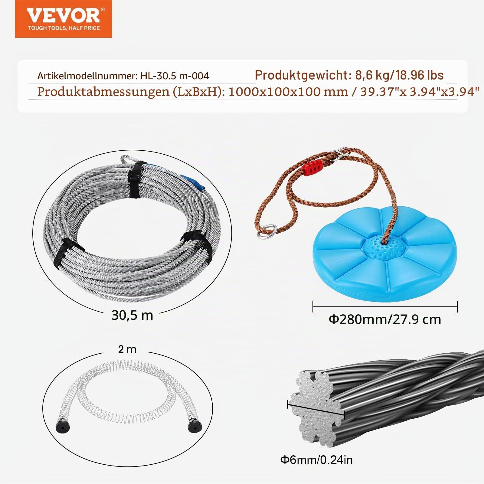 VEVOR Zipline Seilrutsche 30,48 m Seilbahn Kit bis 150 kg mit Federbremssystem für Garten