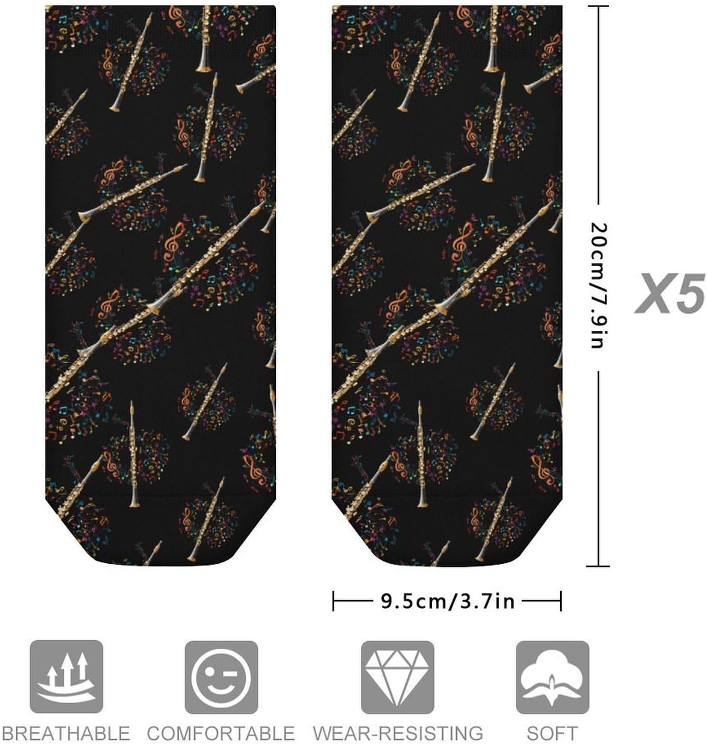 Flute Flutist Musical Note No Show Ankle Socks Low Cut Non Slip Flat Boat Line 5 Pairs Set