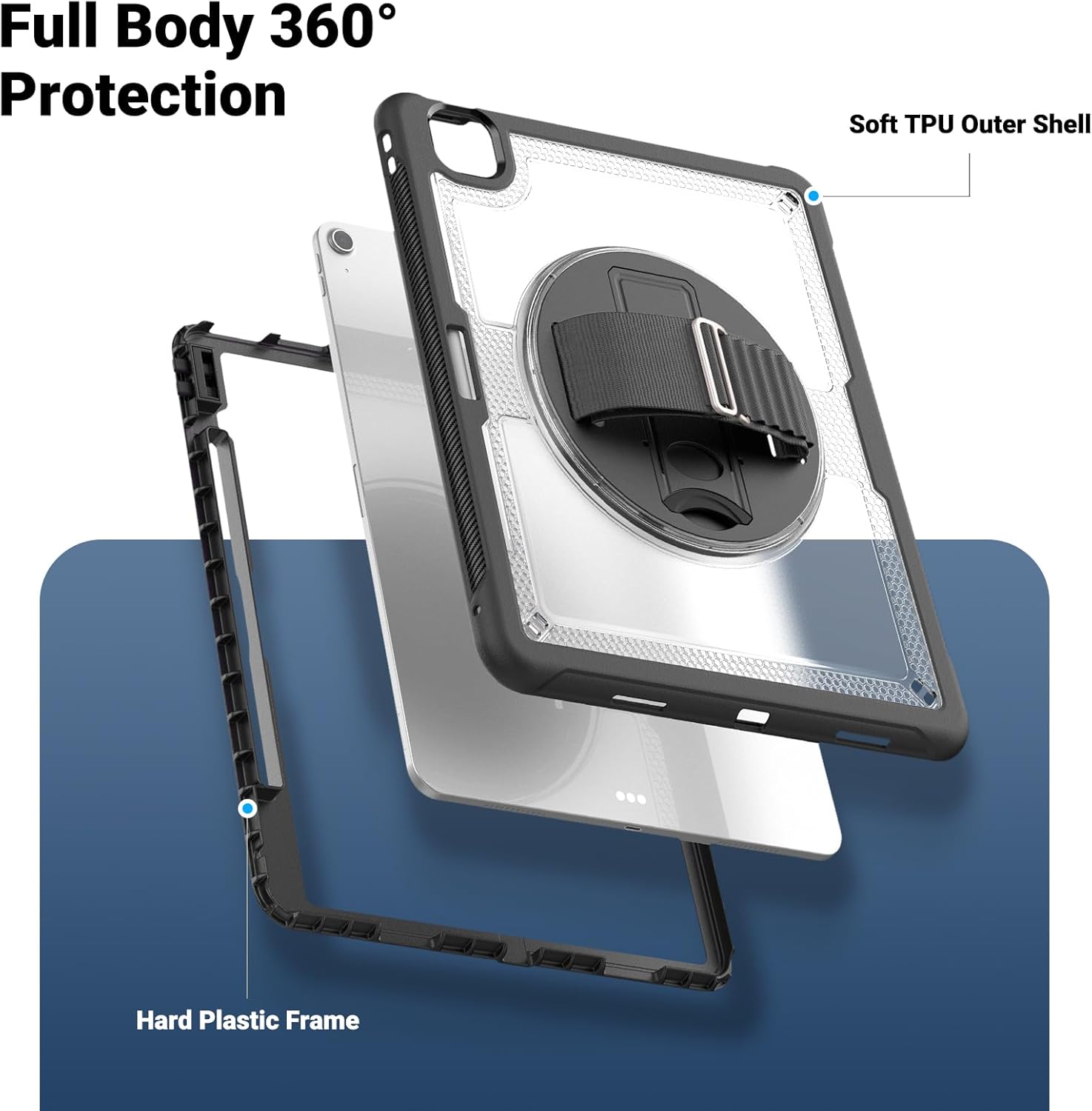 Batianda Case for iPad Air 13-inch 2025 M3 2024 M2 Chip Multilayered Rugged Durable Shockproof Tablet Cover with 360° Rotating Hand Strap Foldable Hidden Stand, Transparent