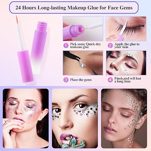 Miniatura 6 de 6000 gemas faciales con purpurina corporal para mujeres con pegamento de maquillaje, diamantes de imitación para maquillaje con gel de purpurina