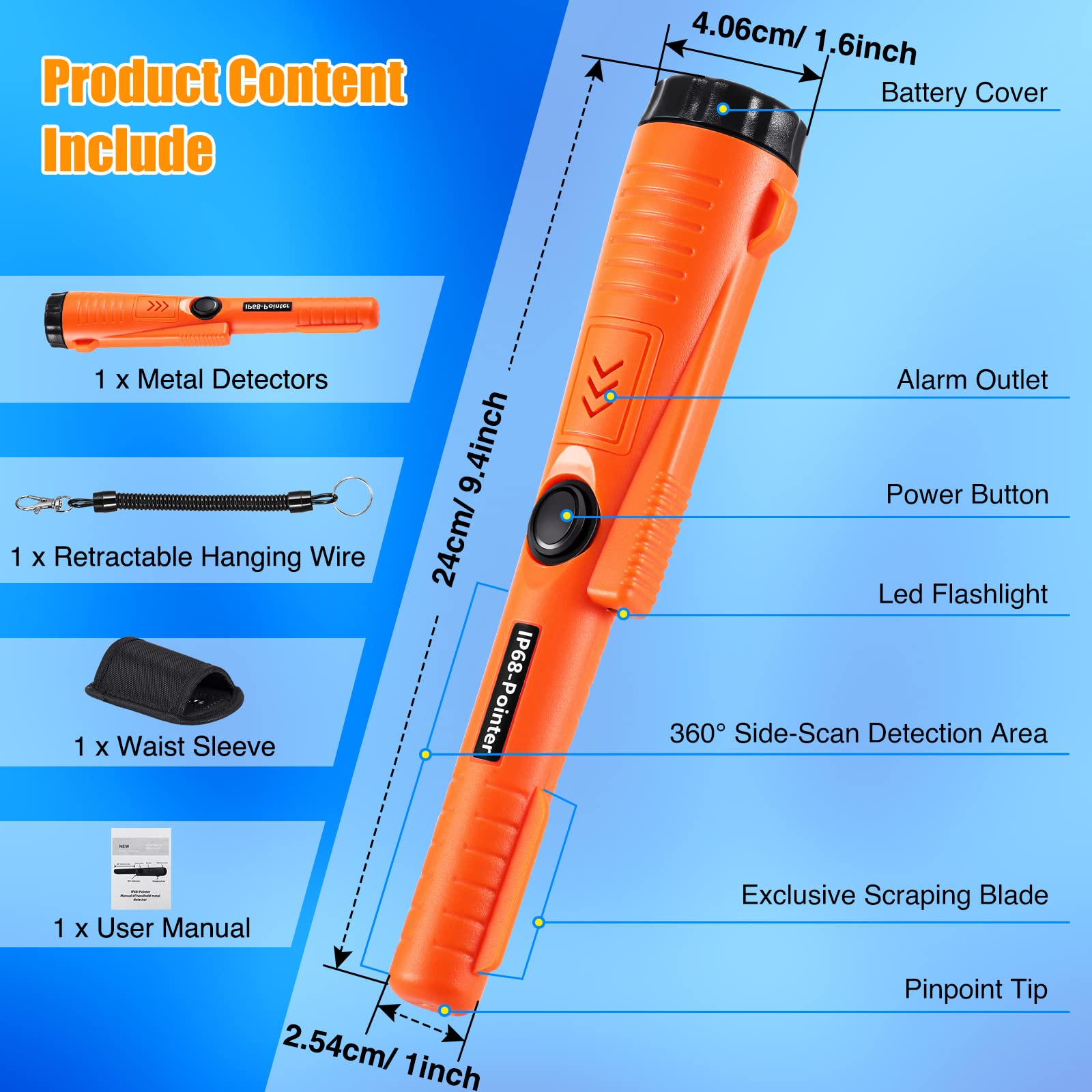 Metal Detector Pinpointer Impermeabile - Per Caccia Ai Tesori, Con LED, Vibrazione, 360&deg;