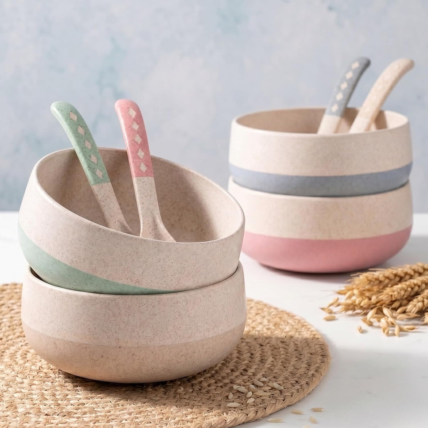 Eha Earth-Friendly Soup Bowls with Spoons|250 ml|Made with Rice Husk Biocomposite|Microwave Safe Bowls for Kitchen|Serving Bowl Set of 4|Pastel, Multicolor