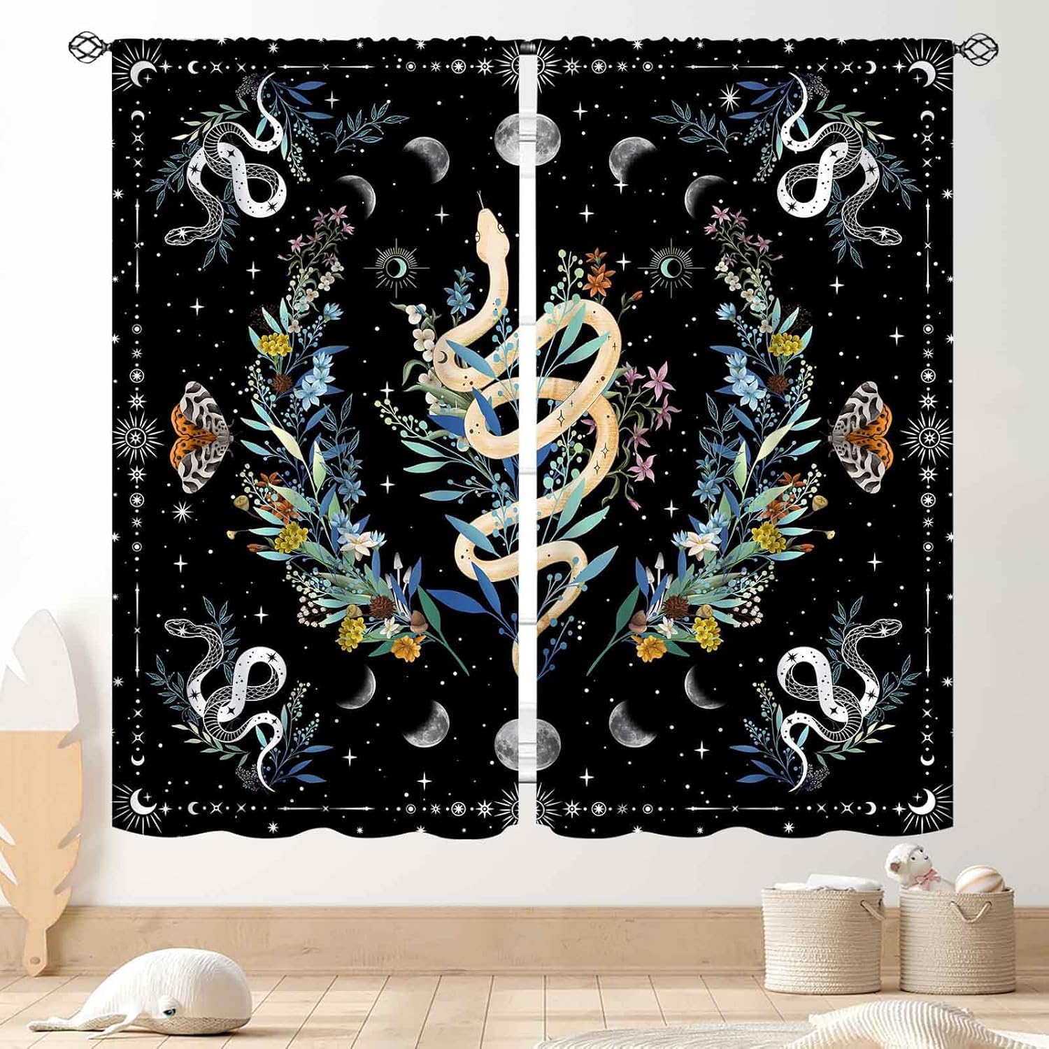 Boho Snake Curtains, Aesthetic Boho Moth Butterfly Wild Floral Fairy Wizard Mysterious Gothic Art Decor Blackout Window Drapery Treatments for Bedroom Living Room Bathroom 2 Panels, 84"x84" Inch