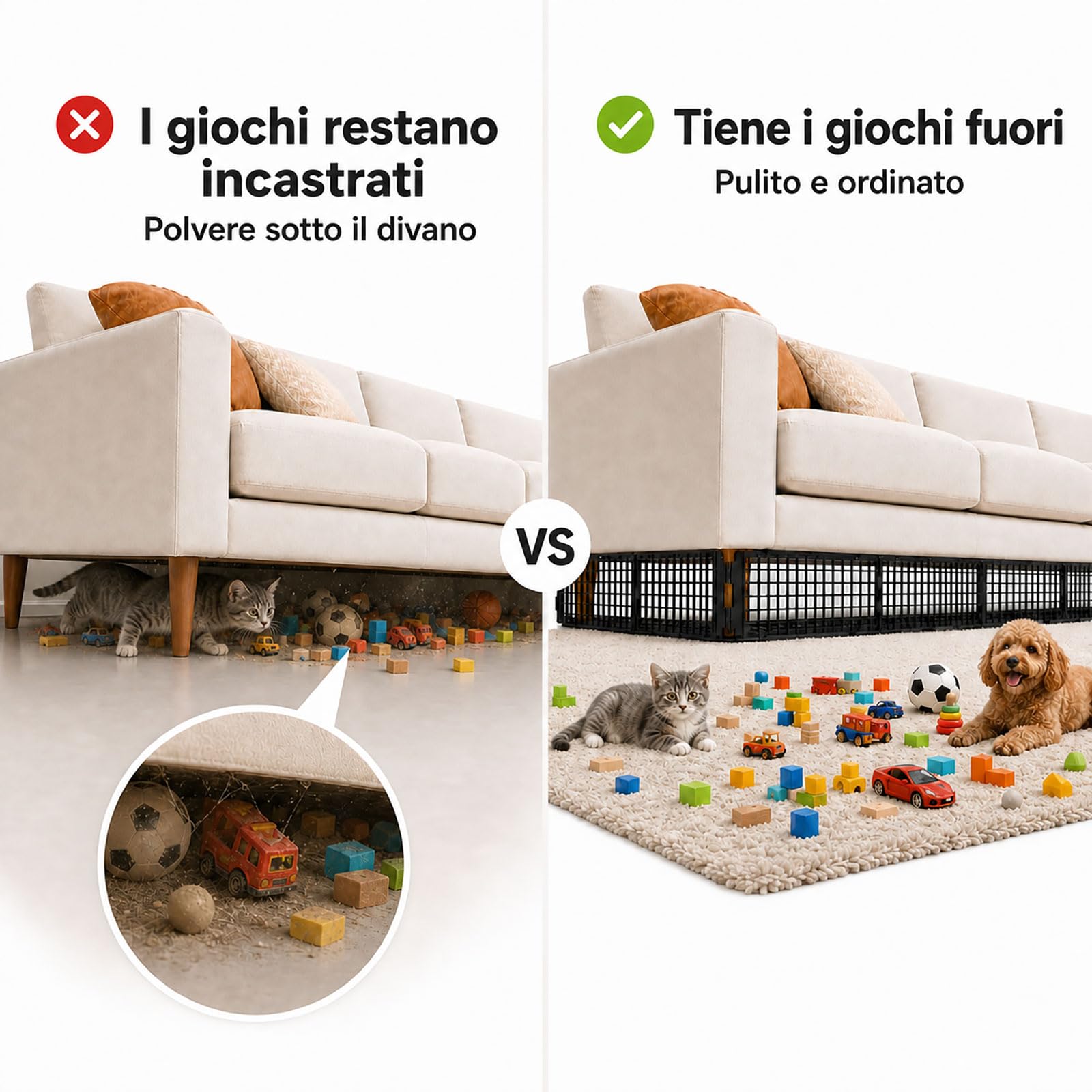 12 Pezzi Blocca Giocattoli Divano per Animali, Blocca Giocattoli Regolabile Sotto Letto & Sofà, Barriera Plastica per Fessure, Protettore Mobili con 20 Fascette