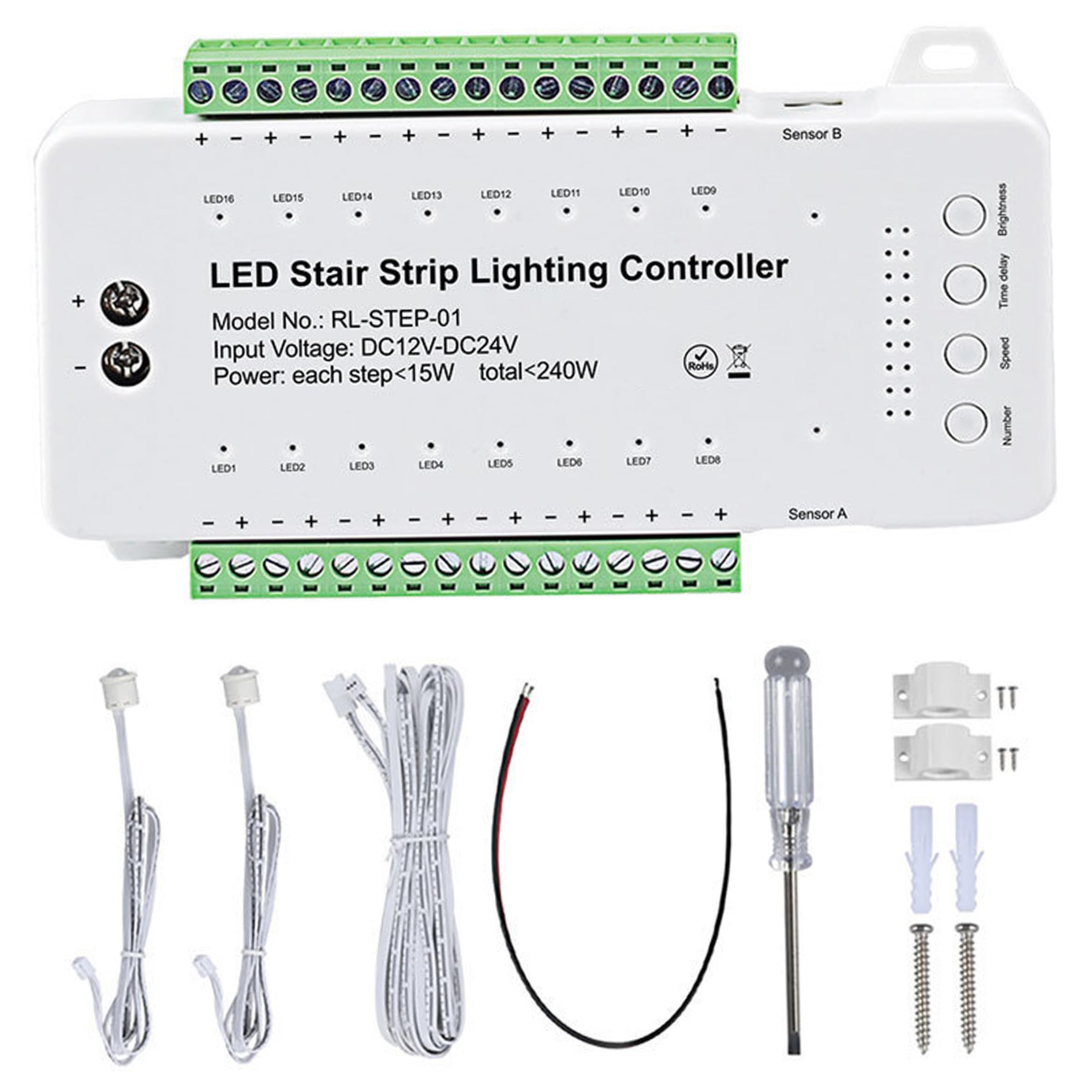 16-K LED Treppenlicht-Steuerung, PIR-Bewegungsaktivierter Treppenlichtcontroller mit dynamischen Schritt-Effekten ohne Fernbedienung, weiß