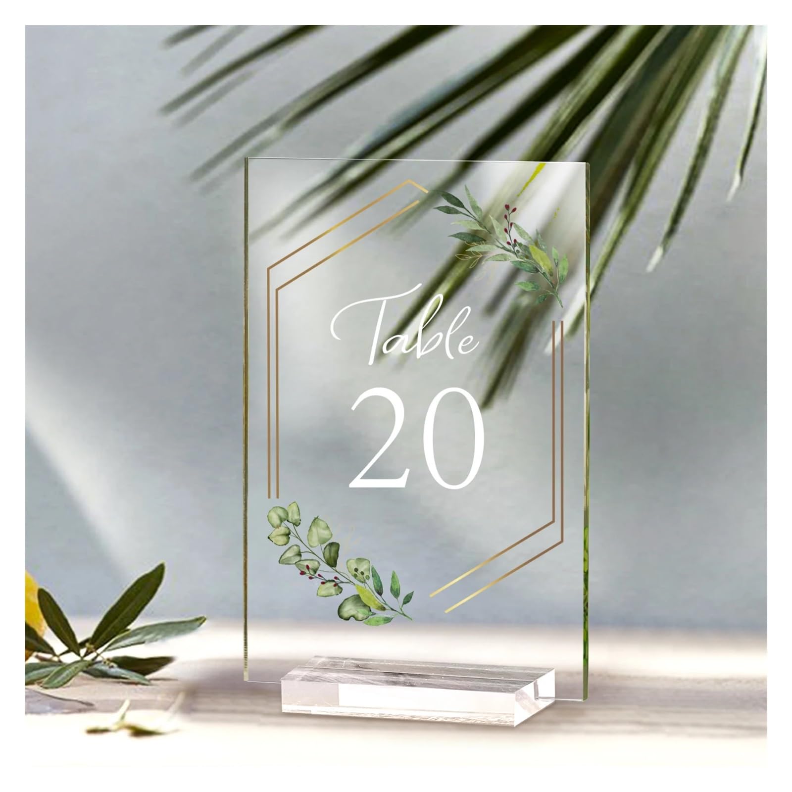 Tischkartenhalter Tischnummern for Hochzeiten, 1–20, mit Ständern, Goldrand, grünes Blumenmotiv, for Hochzeitsempfang, Jahrestag, Brautparty(10 pack)