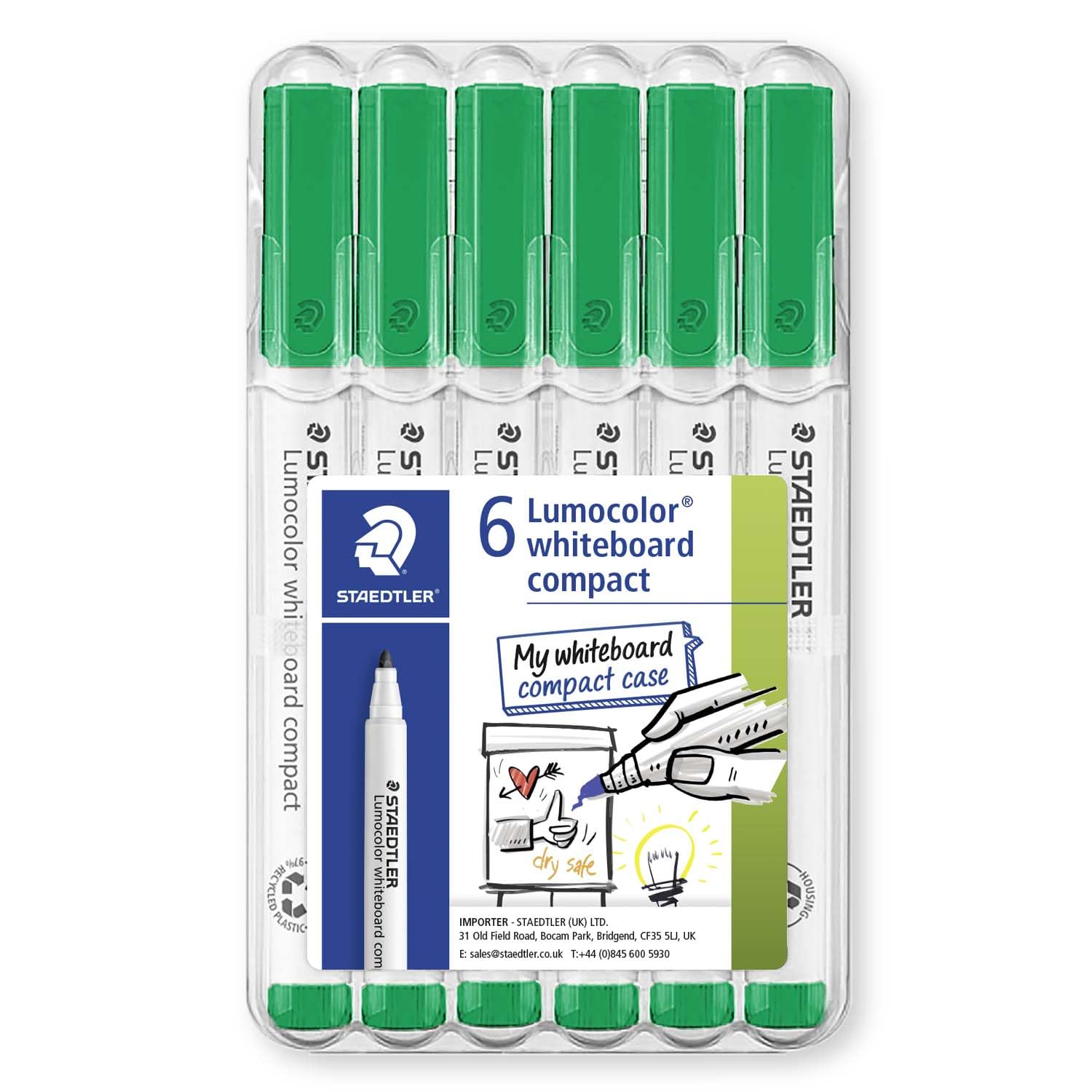 STAEDTLER 341 Compact Lumocolor Whiteboard Marker Pen - 1-2mm Bullet Tip - Dry Erase Markers - Wallet Pack of 6 Pens (Green)