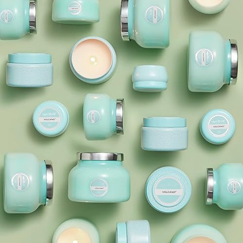 Miniatura 7 de Capri Blue Volcano - Mini vela perfumada en tarro de lata, mini velas impresas para el hogar perfumadas con frutas tropicales y cítricos azucarados,