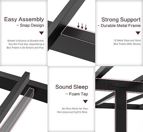 Miniatura 6 de SUNLEI Base de cama Queen con luz LED, plataforma de metal con puerto de carga y cabecera de almacenamiento de tela de lino, listones de metal