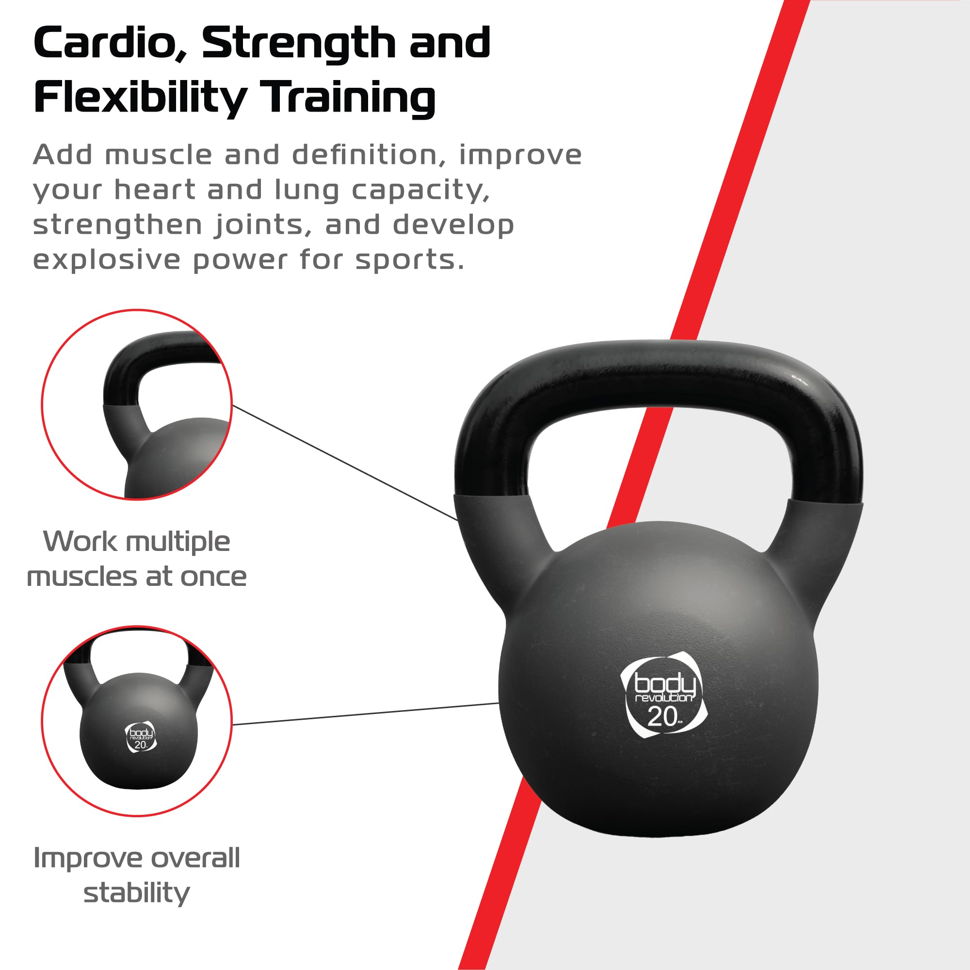 Body Revolution - Zestaw kettlebell z neoprenu - Kettlebell 20kg - Cardio, Aerobik i HIIT, obciążniki kettlebell do ćwiczeń dla kobiet i mężczyzn - Sprzęt gimnastyczny do domowego treningu siłowego i