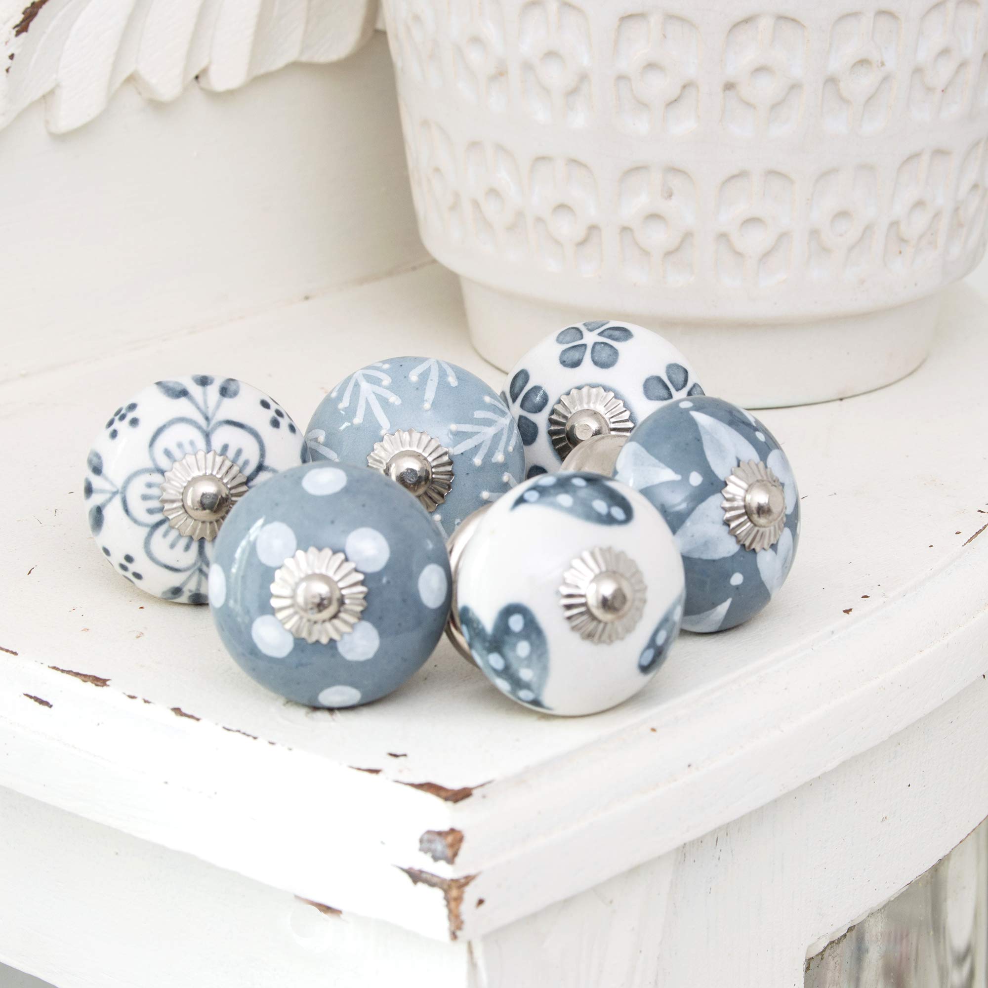 Pomello Per Mobili In Ceramica Dipinto A Mano - Stile Shabby Chic, Con Corona Argentata
