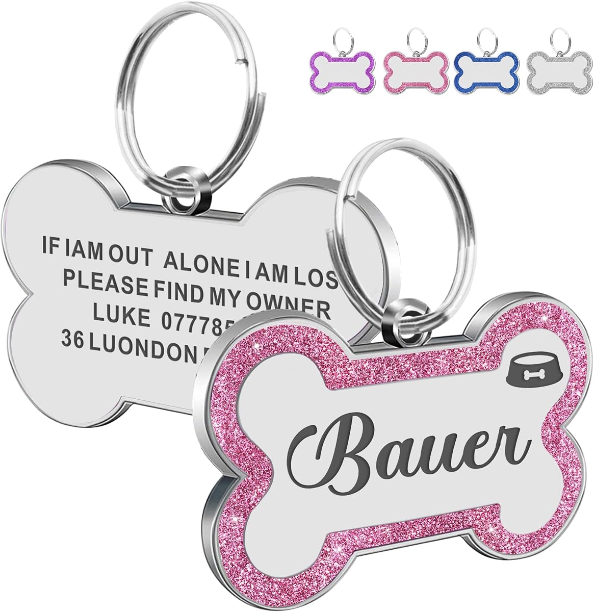 Dog Tags Personalized for Pets Dog Name Tags Personalized Dog Tag Engraved with Any Name & Text Custom Dog ID Tags Glitter Bone ID Tag for Puppy Cat (Pink L, Bone)