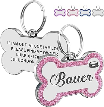 Dog Tags Personalized for Pets Dog Name Tags Personalized Dog Tag Engraved with Any Name & Text Custom Dog ID Tags Glitter Bone ID Tag for Puppy Cat Pink L, Bone