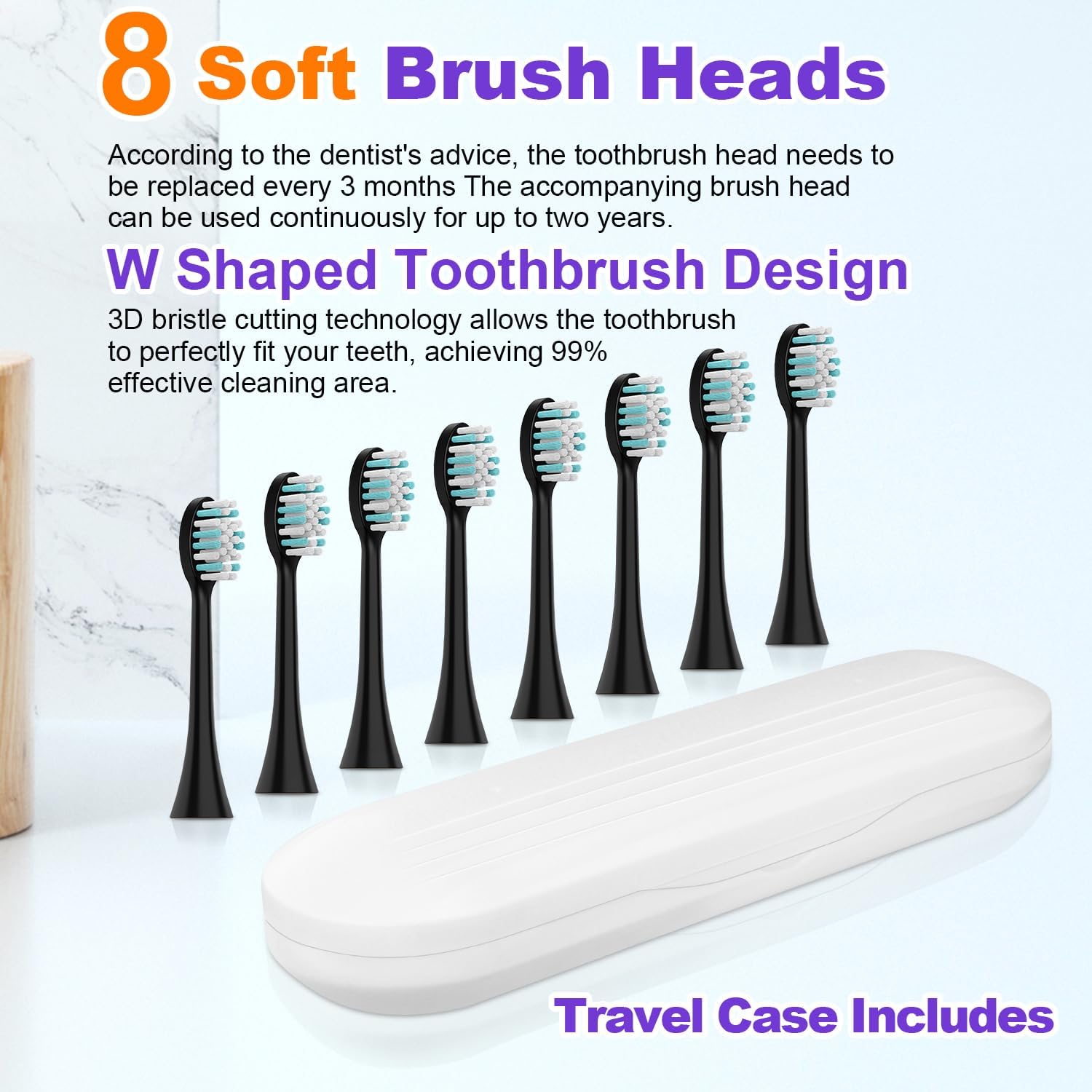 Whitening Electric Toothbrush for Adults and Kids, Rechargeable Toothbrush with 8 Brush Heads & Travel Case, 5 Modes & Smart Timer, 45000VPM Deep Clean, IPX7,One Fast Charge Last 120 Days - Black - Image 6