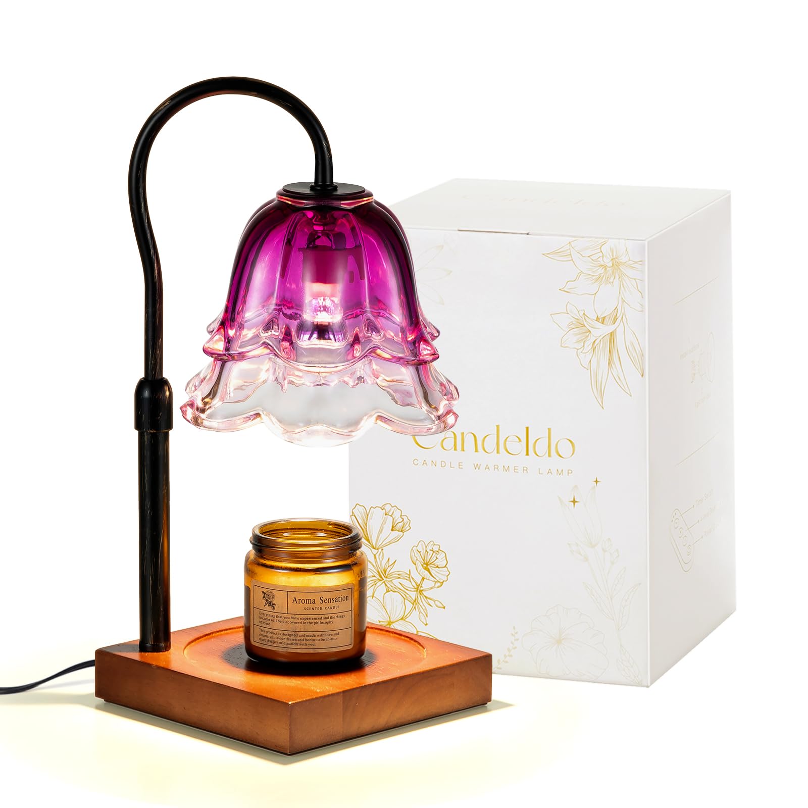 Candeldo Candle Warmer Lamp with Timer: Purple Flower Candle Lamp with 2 Bulbs Height Adjustable Home Bedroom Decor House Warming Gifts New Home for Women
