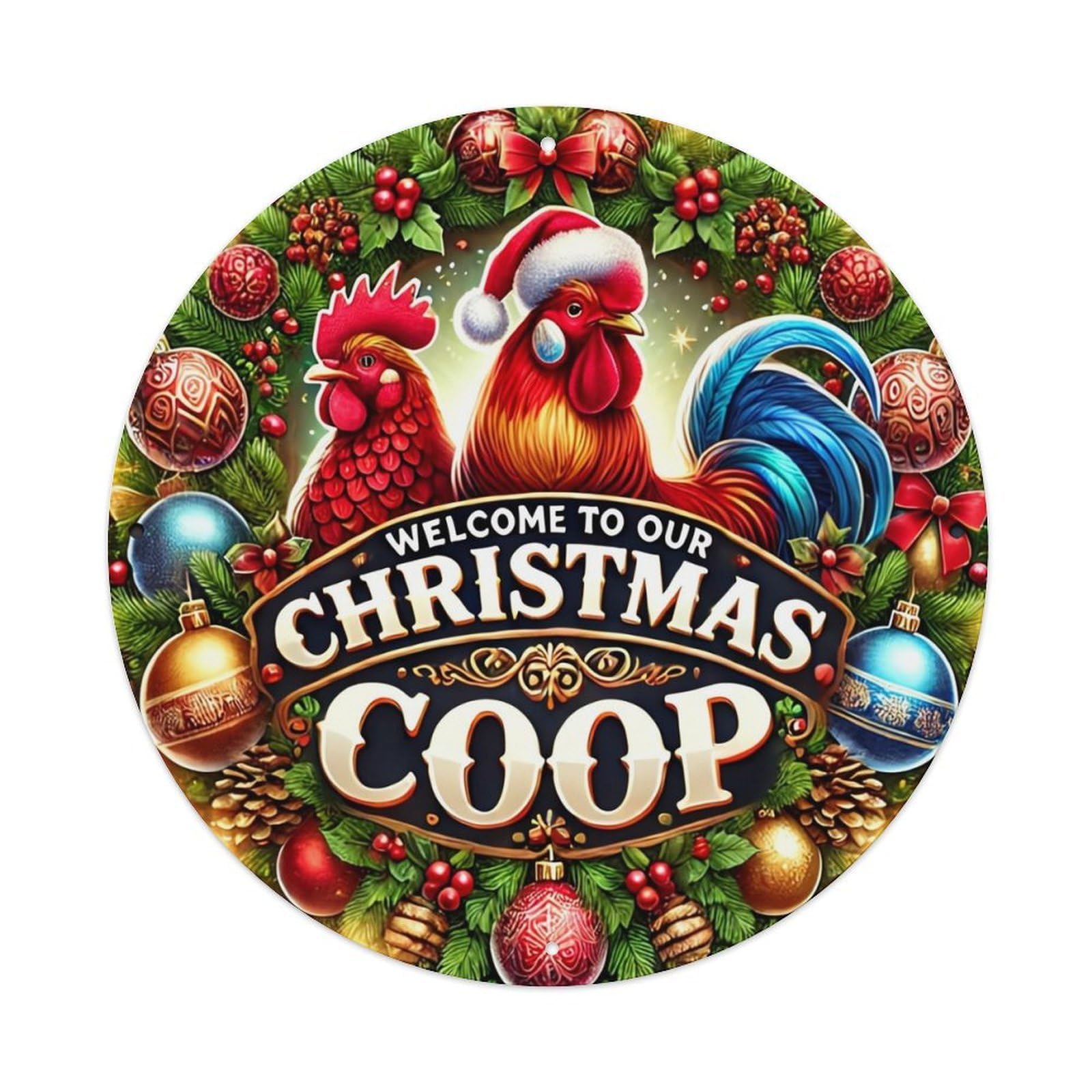 Christmas Coop Rooster Holiday Decor Retro Metal Sign Round Tin Sign, Vintage Decor Art Poster for Bar, Home, Man Cave, Kitchen, Laundry Room Gift 8x8Inch