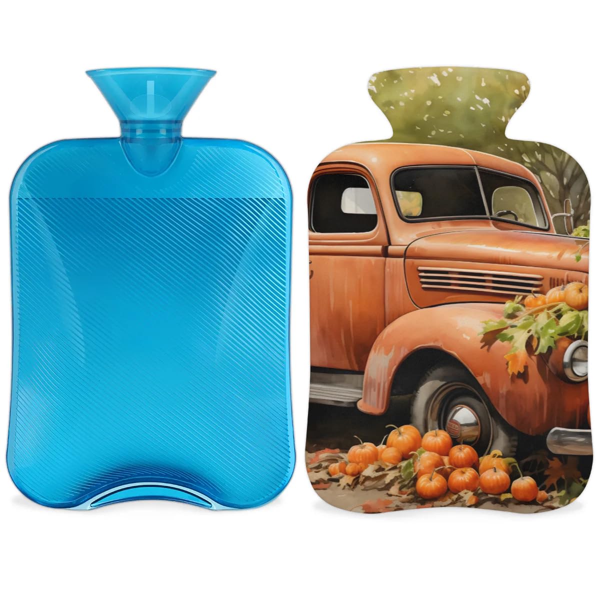 Hot Water Bottle with Soft Cover,2L Happy Thanksgiving Hot Water Bag for Hot and Cold Compress, Hand Feet Warmer, Truck Pumpkin Rubber Hot or Cold Water Bottle Halloween Christmas Decorations