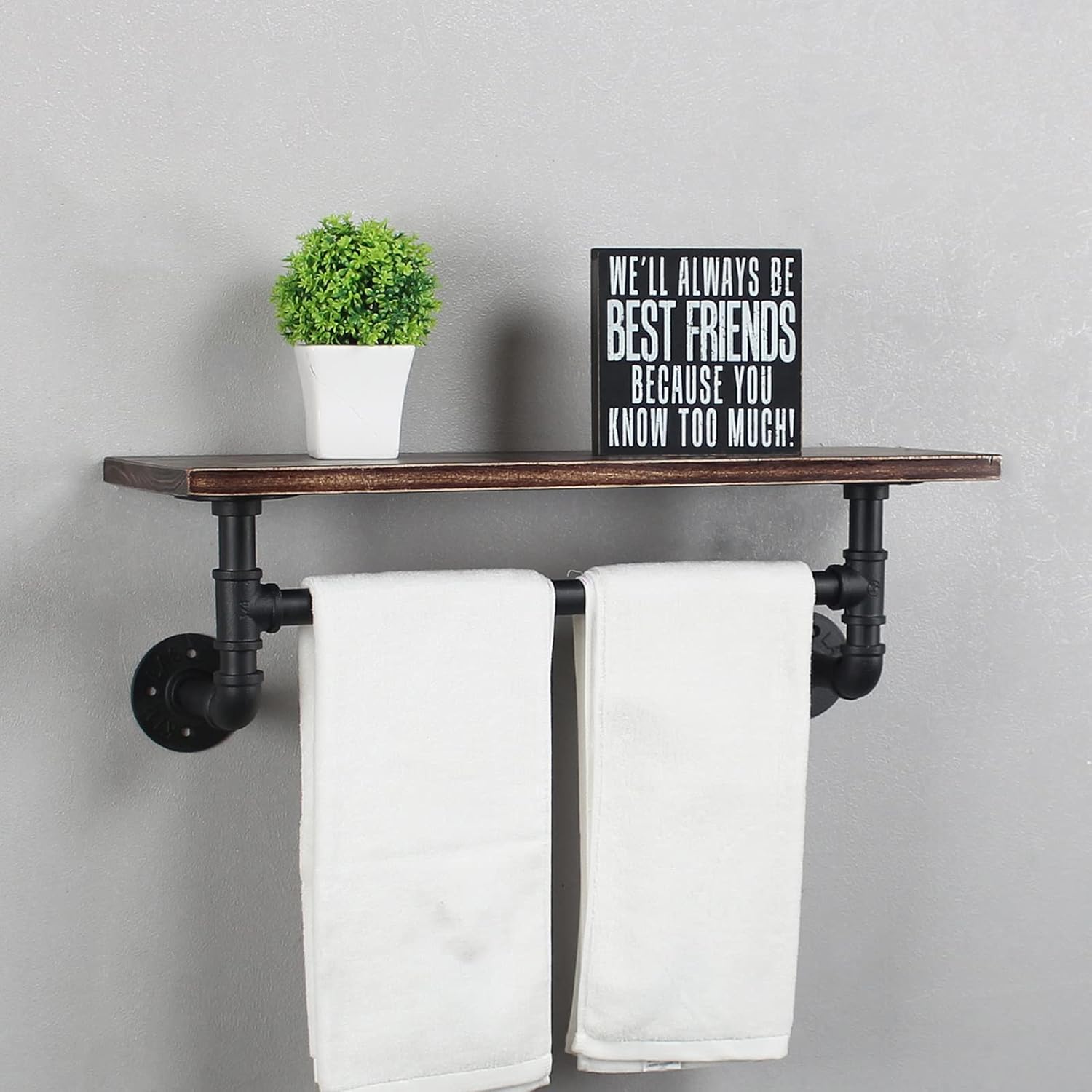 MBQQ Retro Black Shelving Bathroom Pipe Shelves with Towel Bar Over Toilet, 24 inch Pine Wood Floating Shelves for Wall Mounted Bedroom,Kitchen, Farmhouse, Living Room