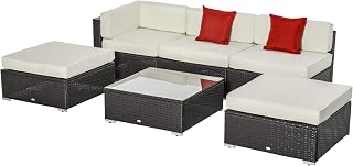 Outsunny 6 Pieces Wicker Patio Furniture Set with Thick Cushions, Deluxe Outdoor All-Weather Resistant PE Rattan Sectional Conversation Sofa Set with Glass Top Table, Beige