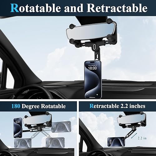 Miniatura 3 de Soporte de teléfono para espejo retrovisor, giratorio y retráctil para automóvil, compatible con iPhone 171615141312 Series y teléfonos con funda