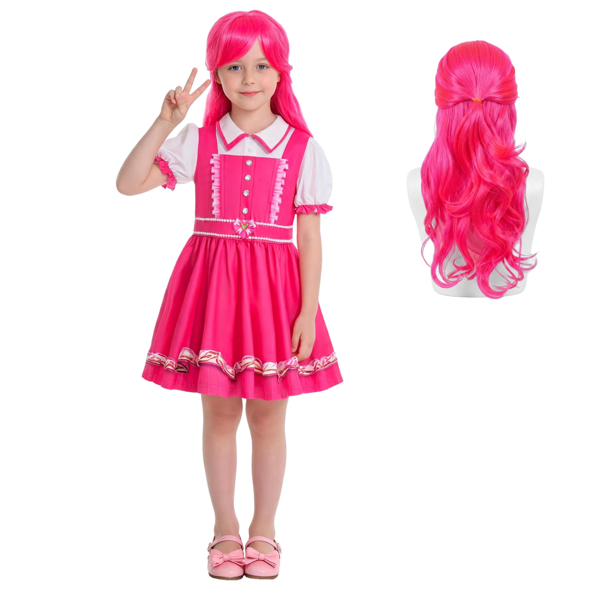 Pink Wonderland Costume with Wig Girls Princess Dress for Kids 5-12 Years