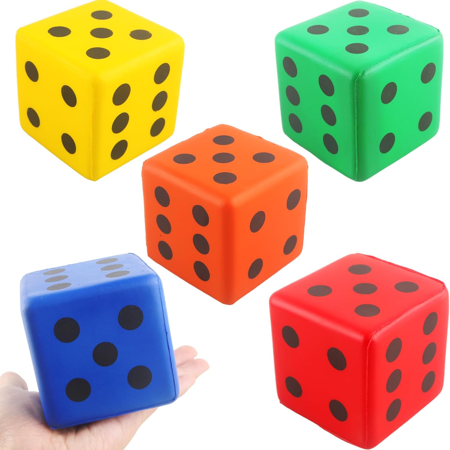 5 Pack 3.15 Inch Jumbo Dice Soft PU Foam Square Dice Large Lightweight Dices for Classroom Activities Math Games Indoor Play and Party Fun, 5 Colors