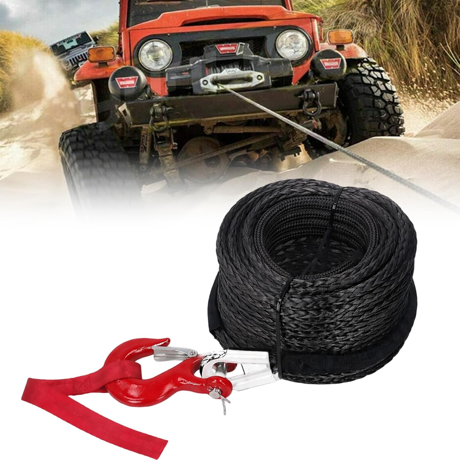 Plastic Winch Rope, 8 mm x 15 m Tow Rope, 12-Beach Synthetic Rope with Protective Cover and Metal Hooks, Forestry Rope Maximum Tensile Force 6000 kg/13228 LBS, for ATV UTV SUV Truck Boat
