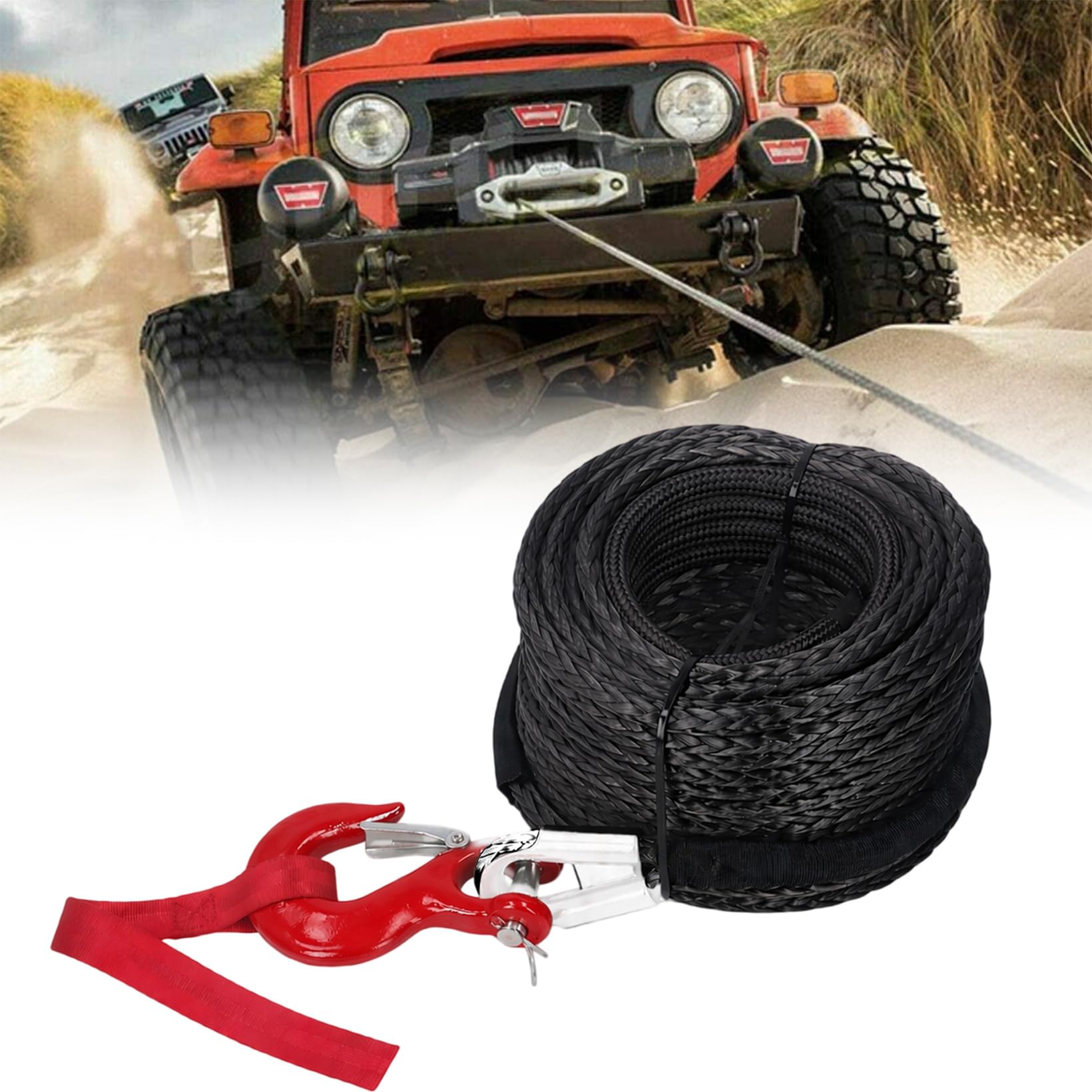 Corda Verricello, Corda Traino 8mm x 15M, Corda Sintetica 12 Fili con Copertura Protettiva e Gancio in Metallo, Corda Forestale Forza Massima di Trazione 6000KG, per ATV UTV SUV Camion Barca Offroad