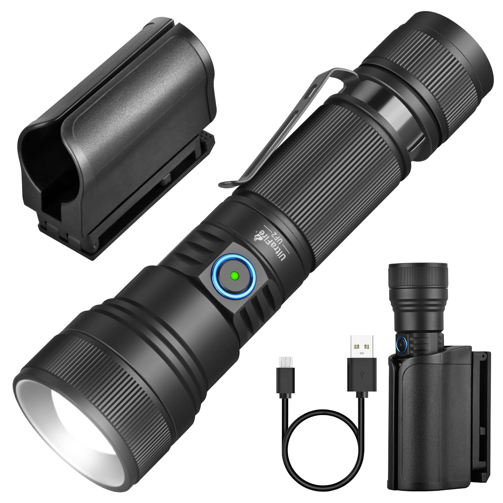 Ultrafire Black Rechargeable Tactical Torch With Holster, 1500 Lumens Zoomable Led Torch With Duty Belt Holster, 5 Modes Police Torch For Law Enforcement, Security, Emergency, Outdoor, Uf2